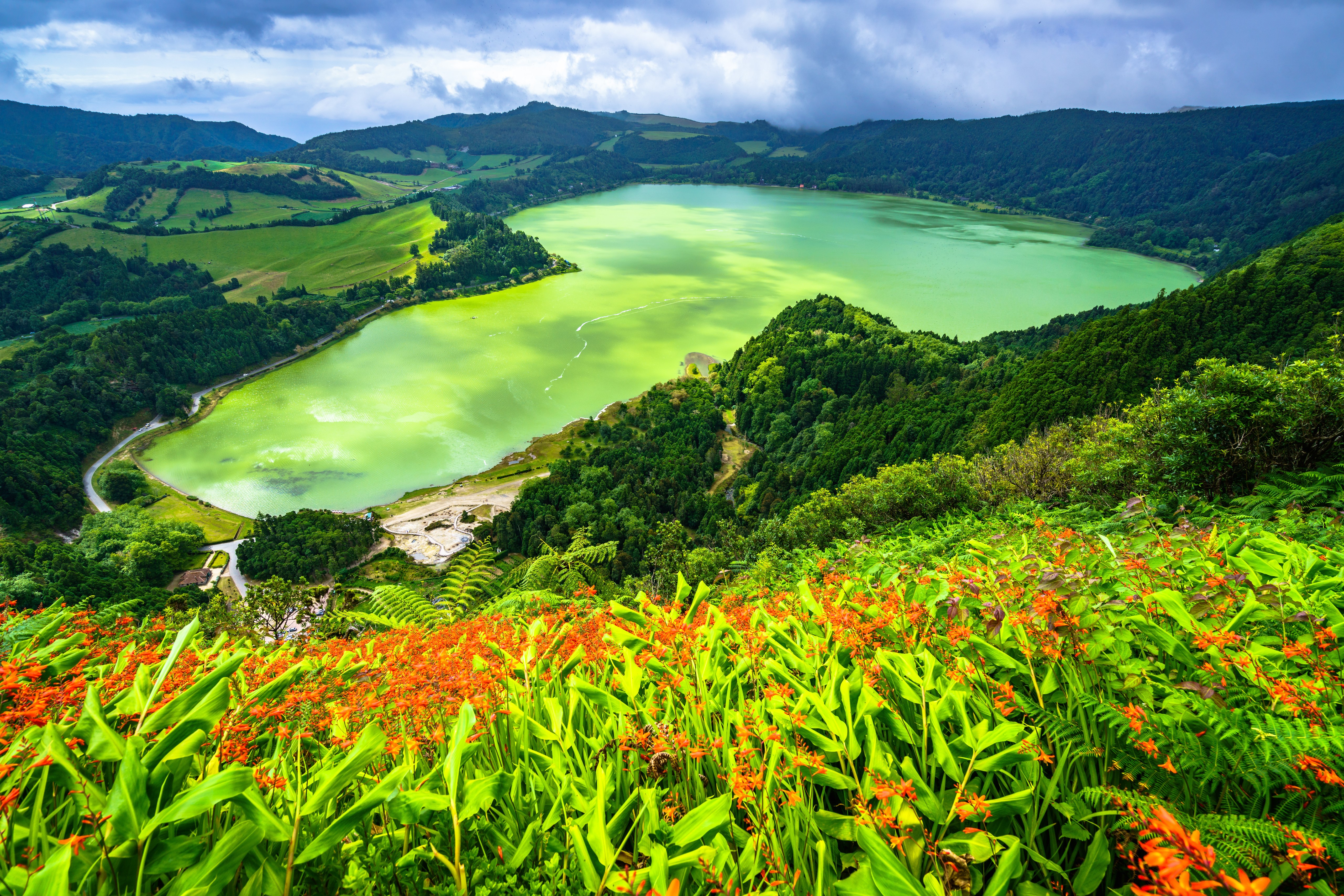 Furnas Lake, Azores, Portugal from above HD Wallpaper