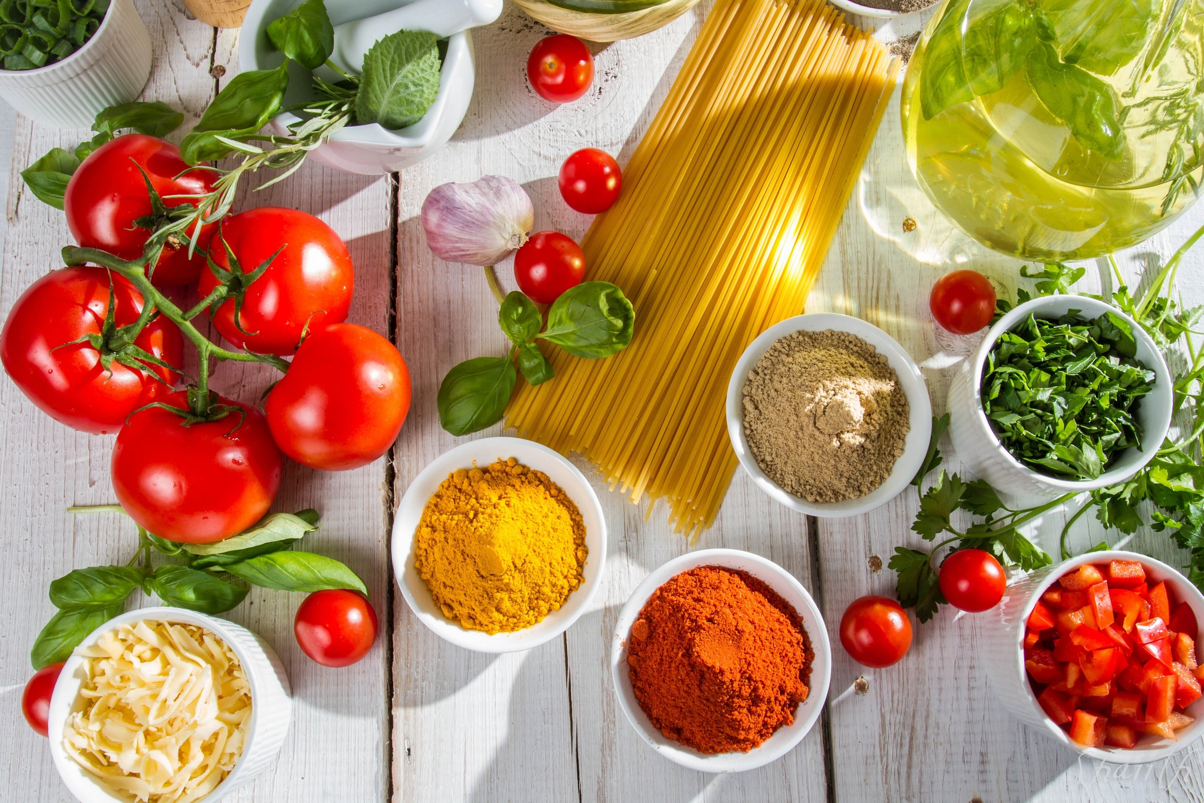Tomatoes, Spices, Oil, and Pasta Ingredients HD Wallpaper