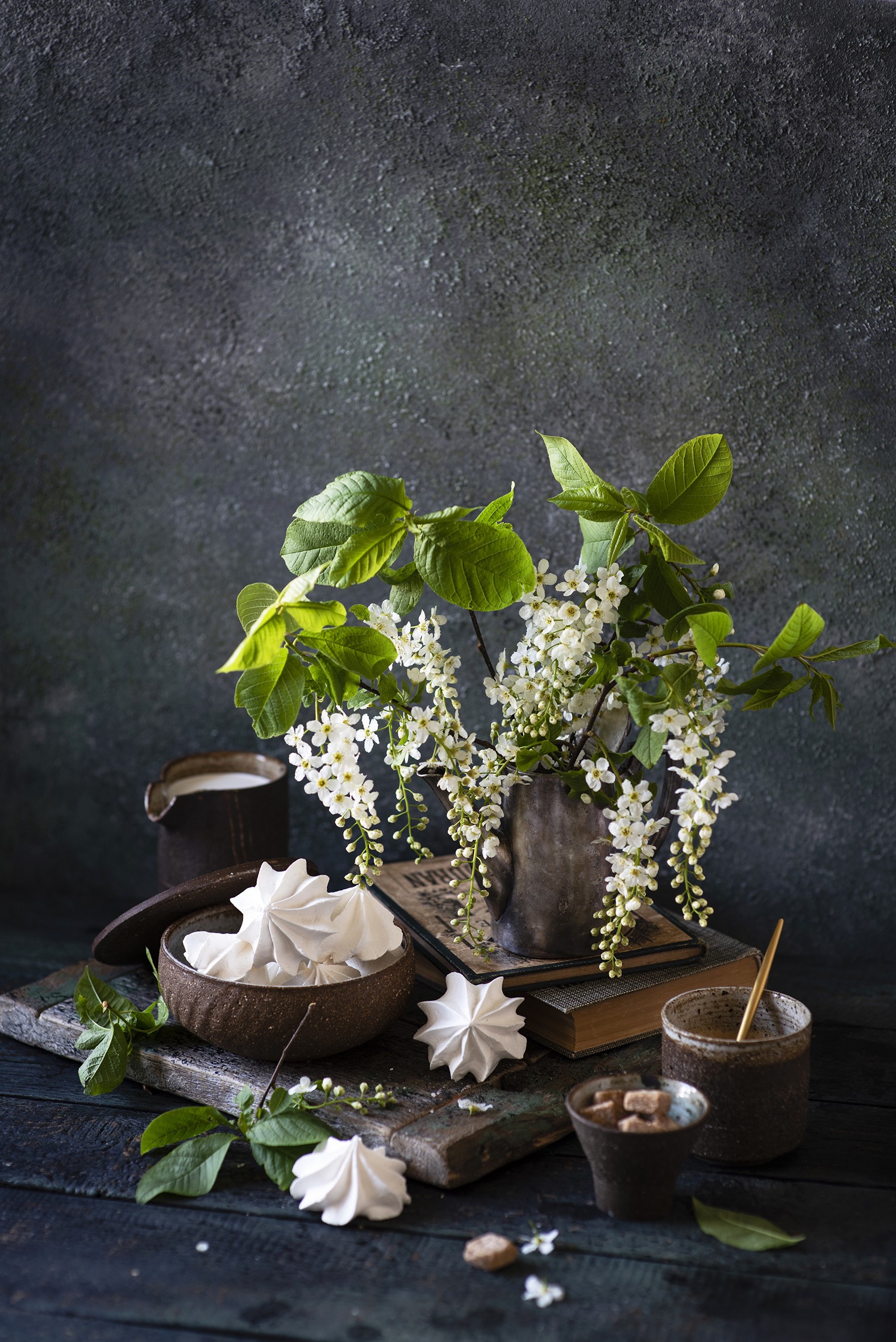 Still-life with bird cherry blossoms and meringues HD Phone Wallpaper