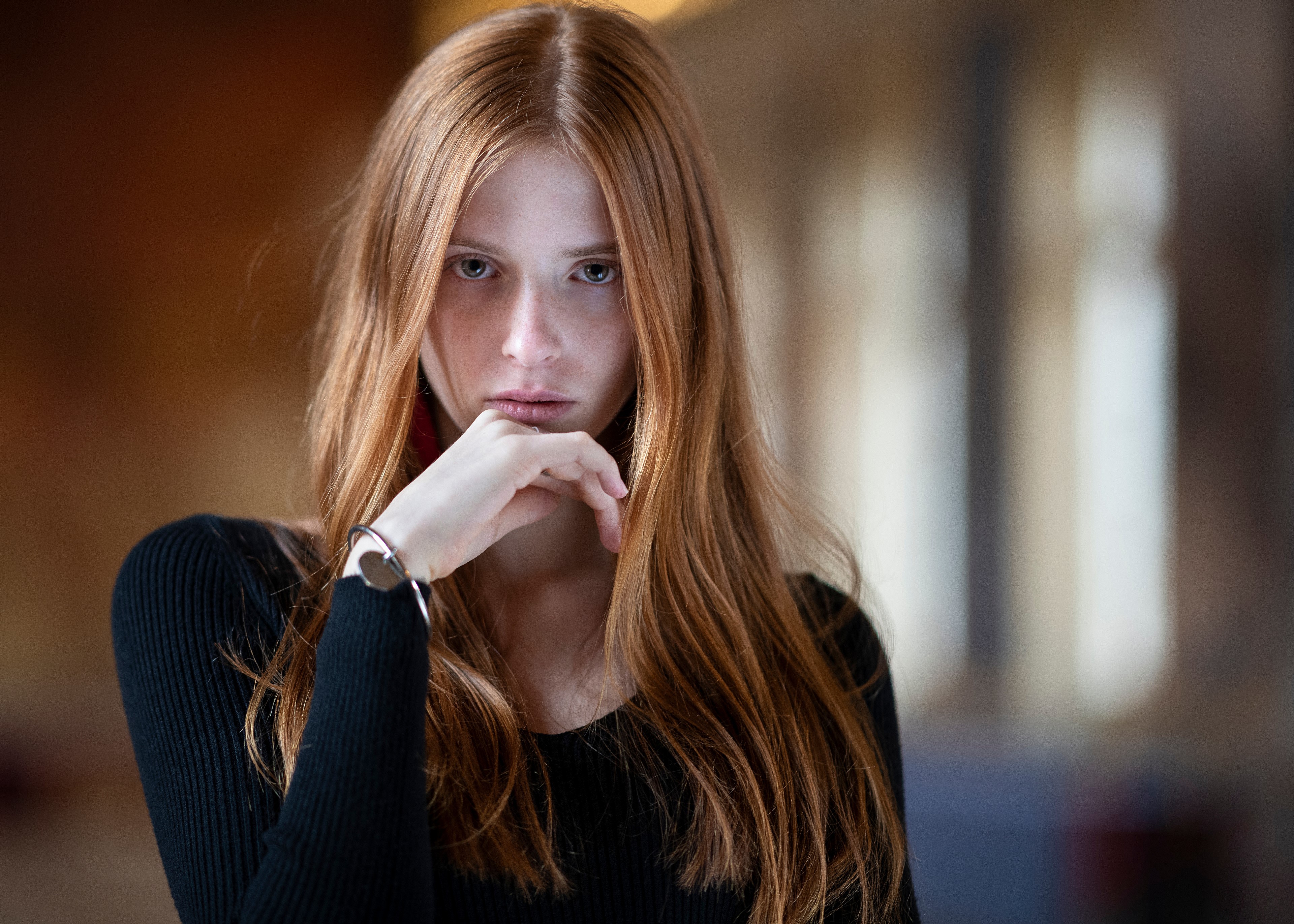 Woman with long red hair and freckles HD Wallpaper