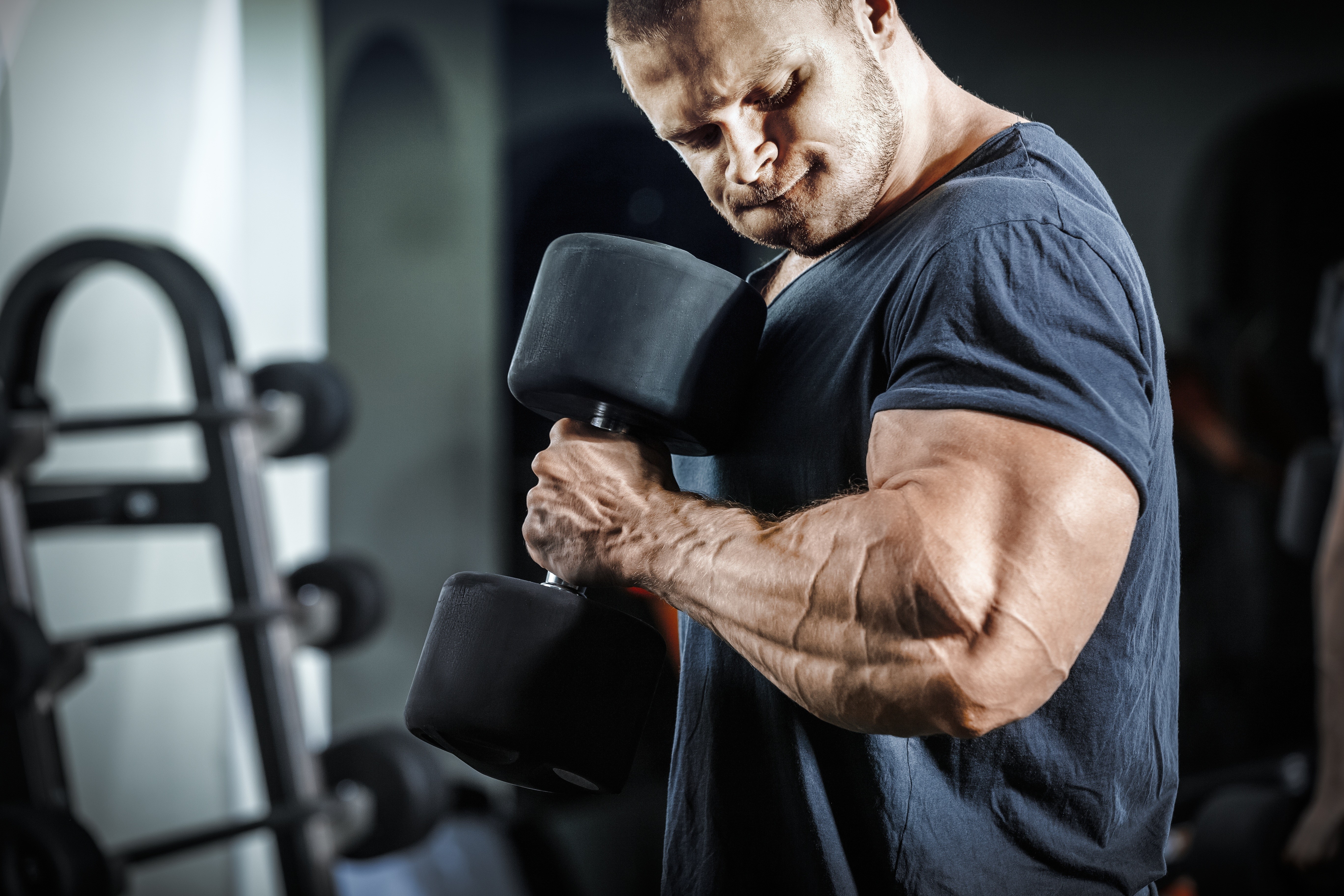 Man lifting dumbbell in gym HD Wallpaper