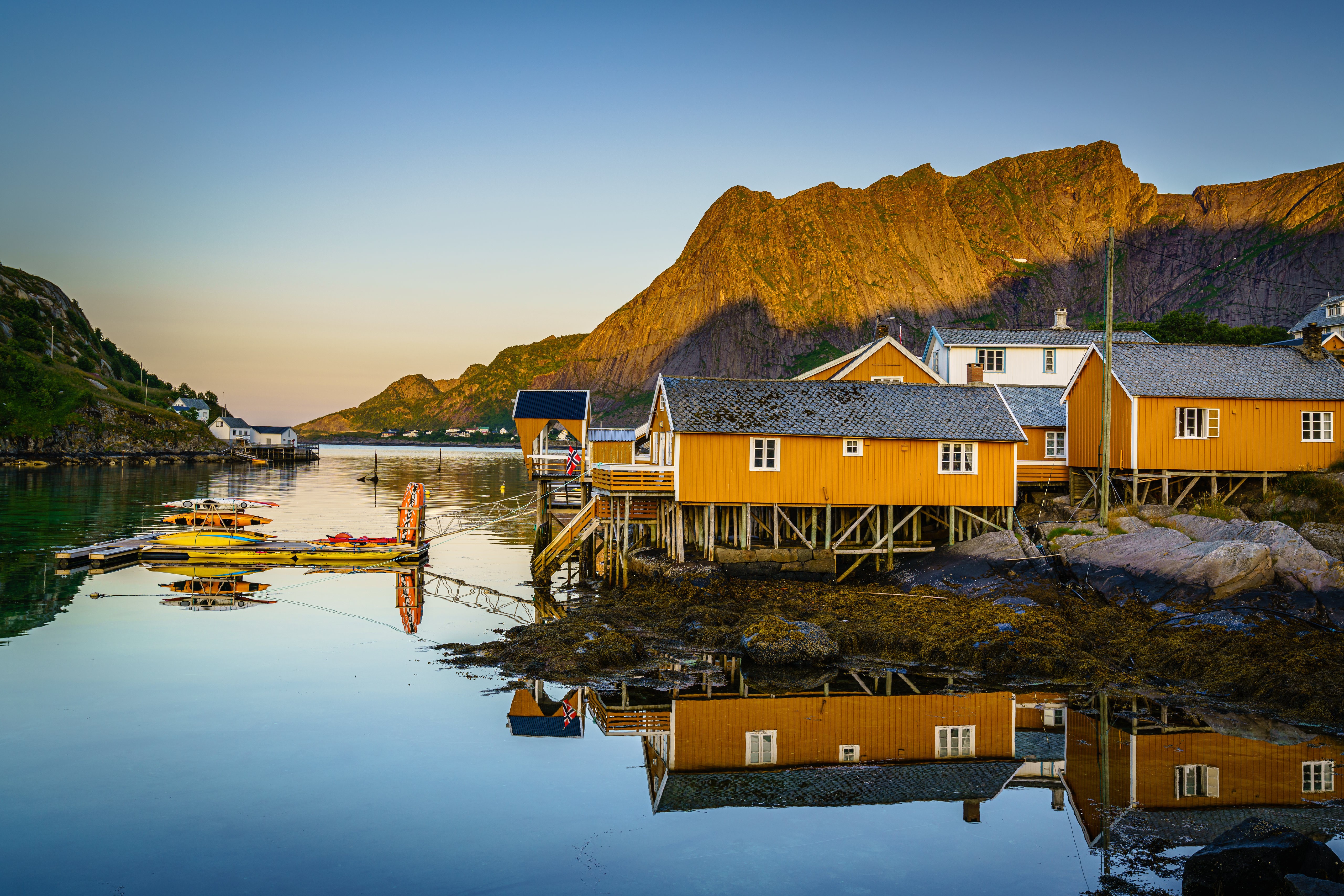 Norway Lofoten Mountains Houses on Water HD Wallpaper
