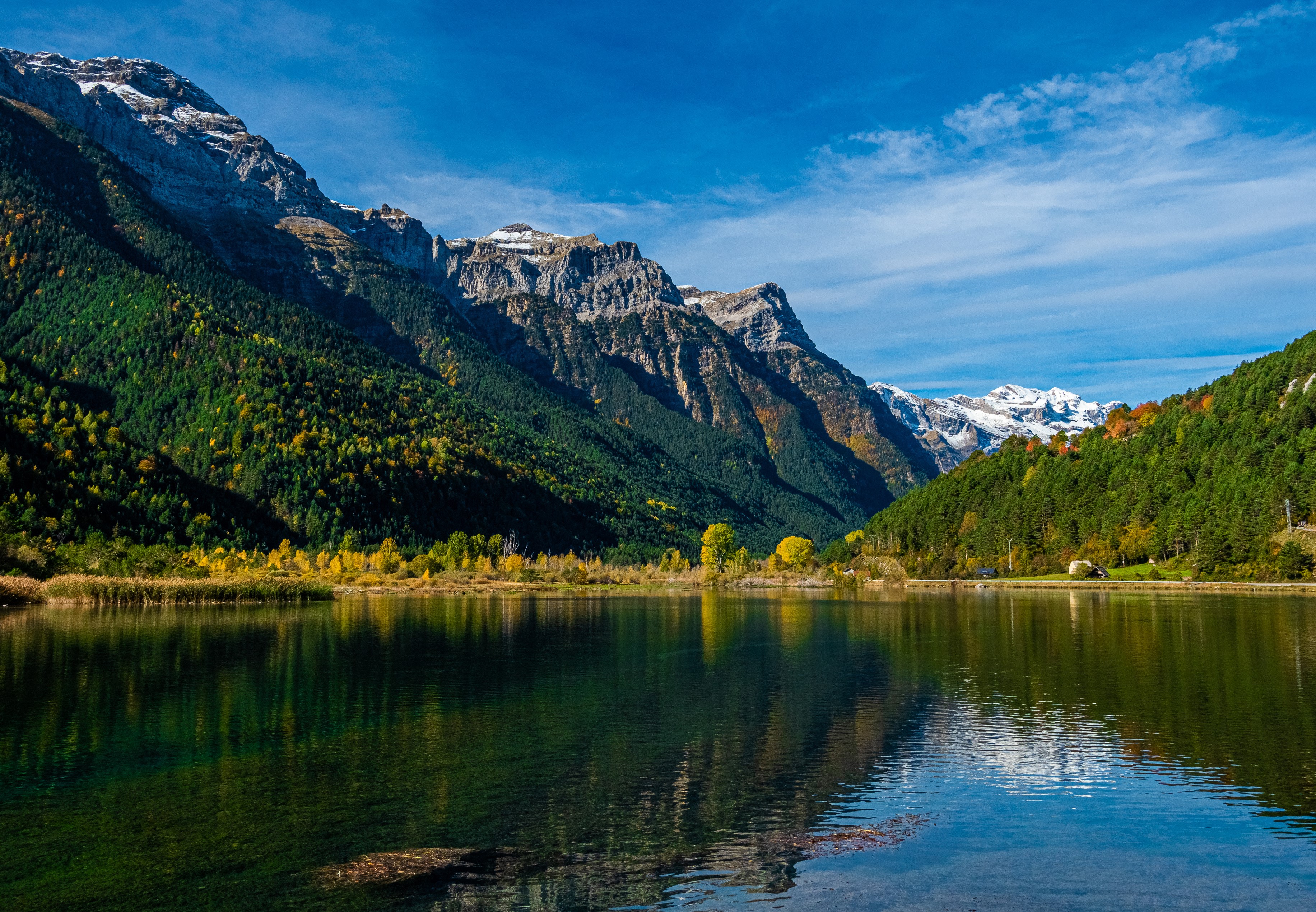Mountains and lake in the Pyrenees, Spain HD Wallpaper