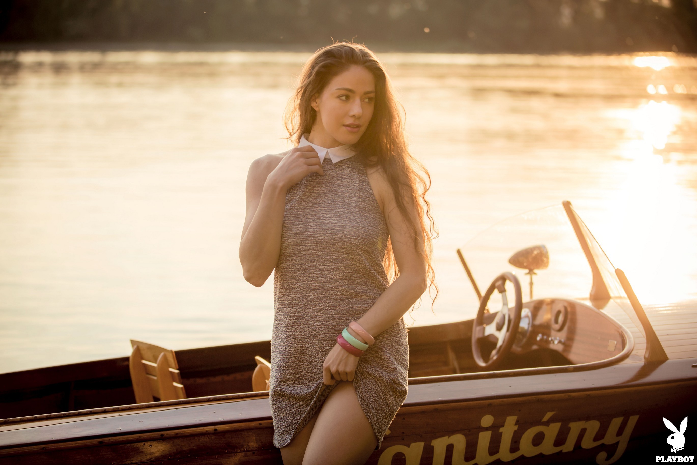 Joy Draiki in a dress by a boat HD Wallpaper