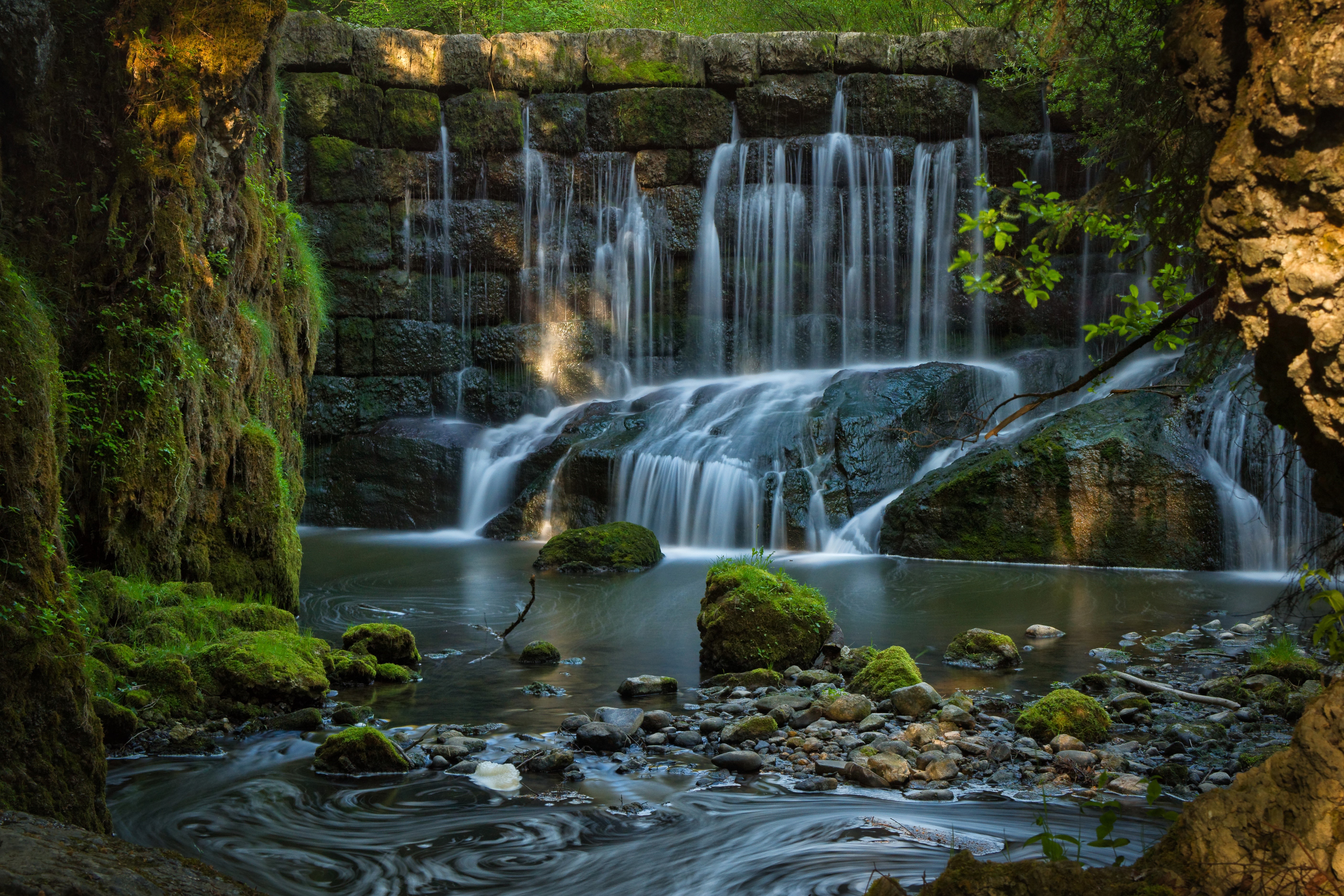 Waterfall over stone wall in Bavaria, Germany HD Wallpaper