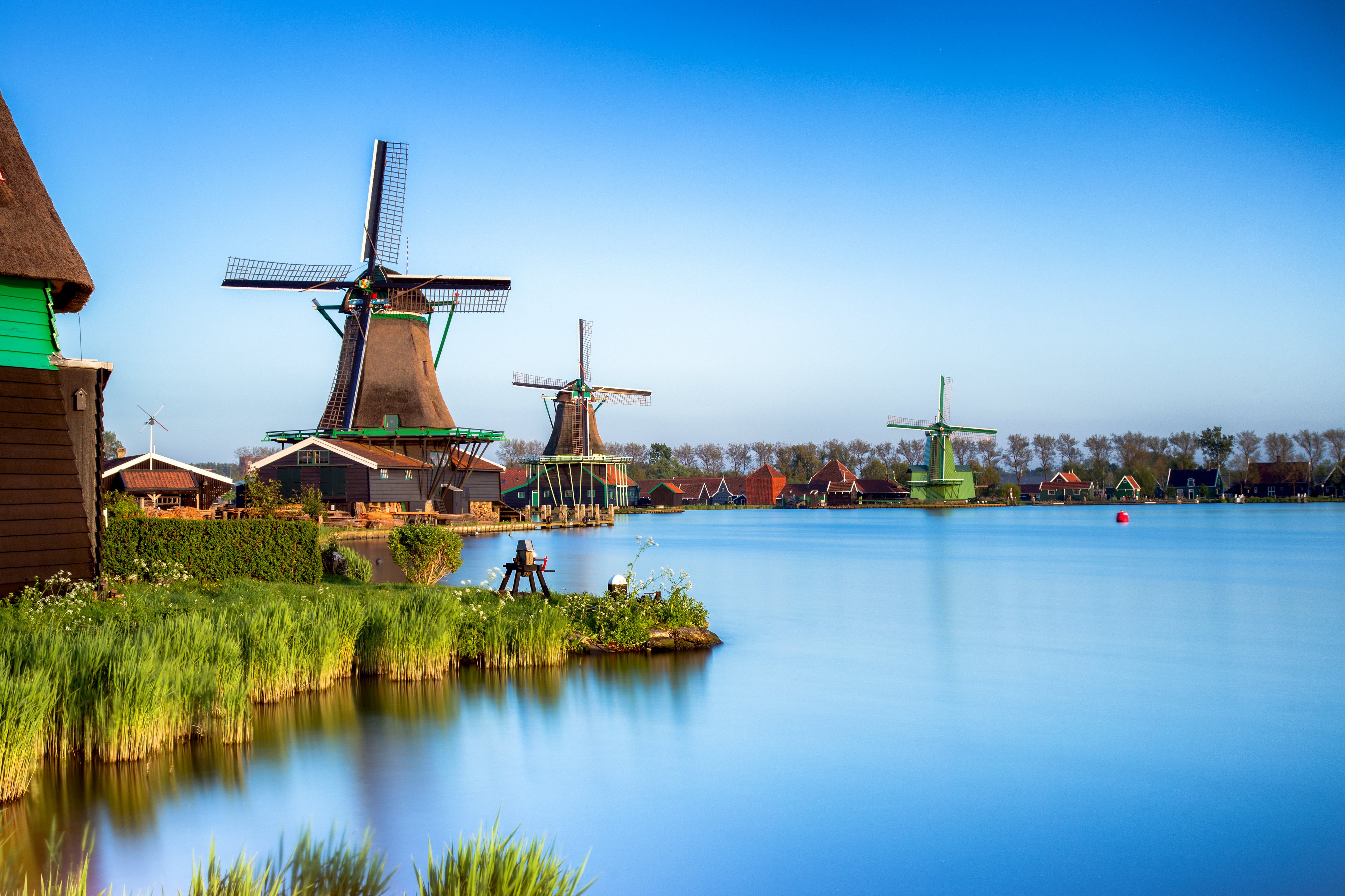4K Zaanse Schans Netherlands Canal Windmills HD Wallpaper