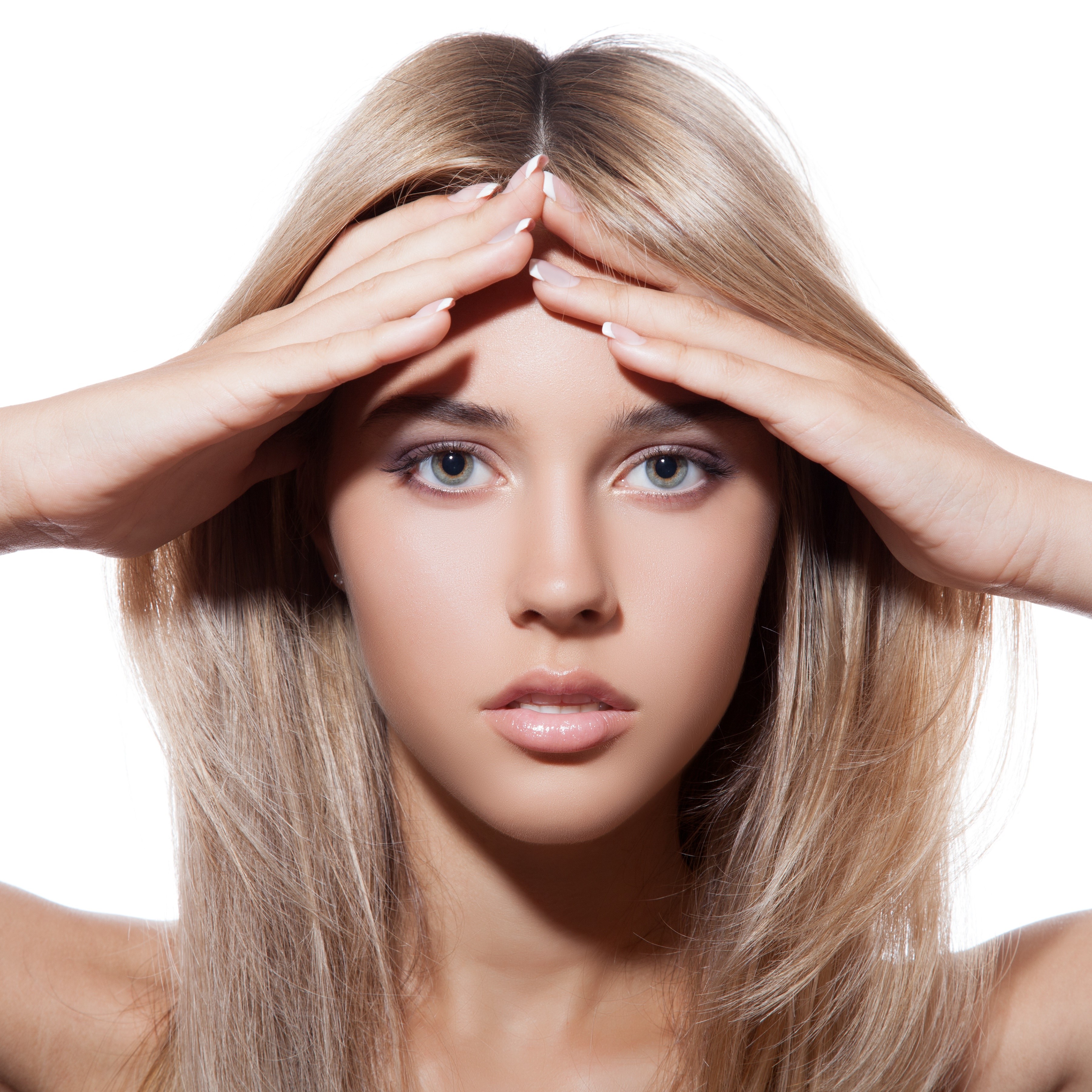 Blonde woman with hands on forehead HD Wallpaper