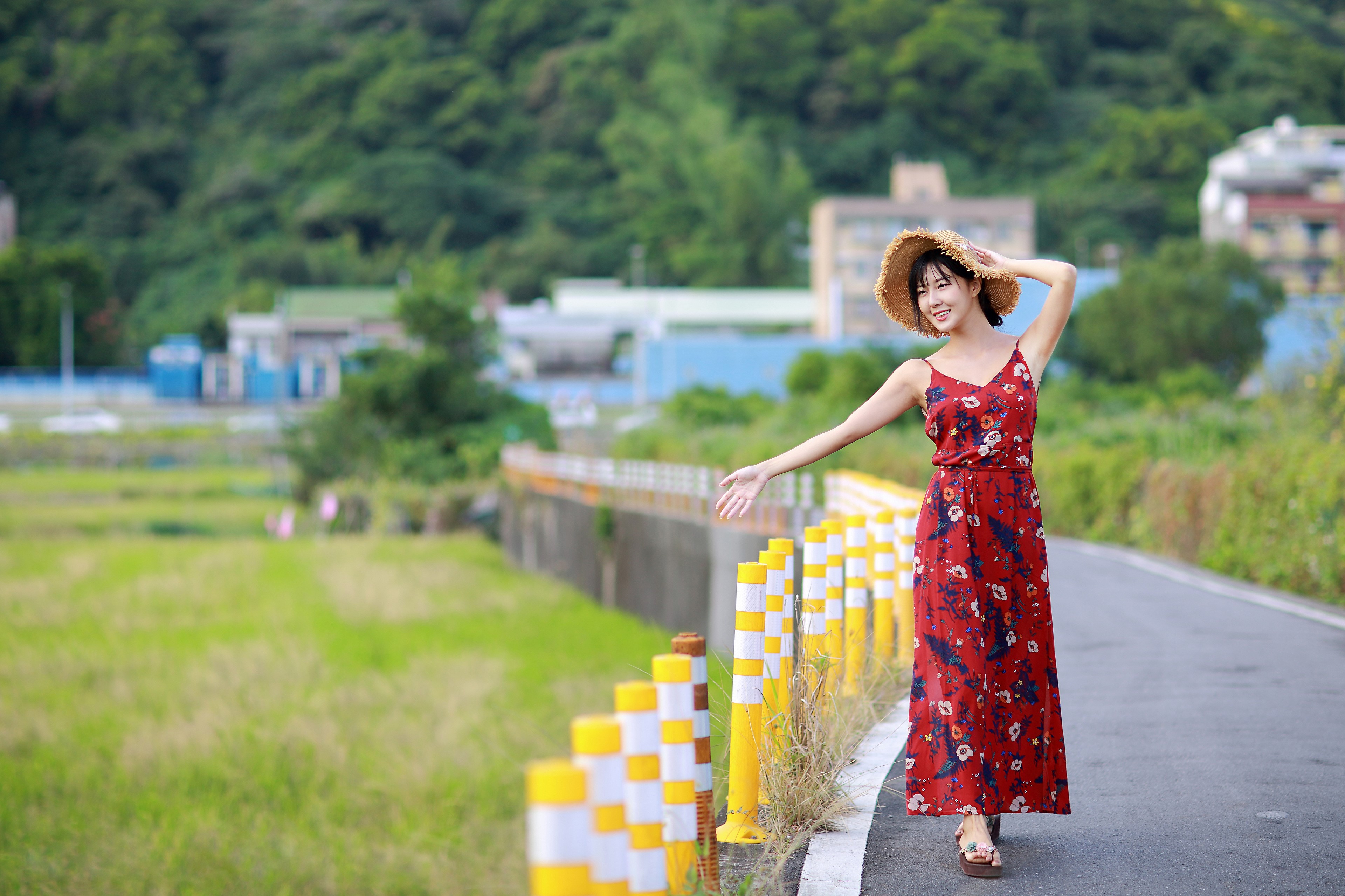 Asian woman in red floral dress and hat HD Wallpaper