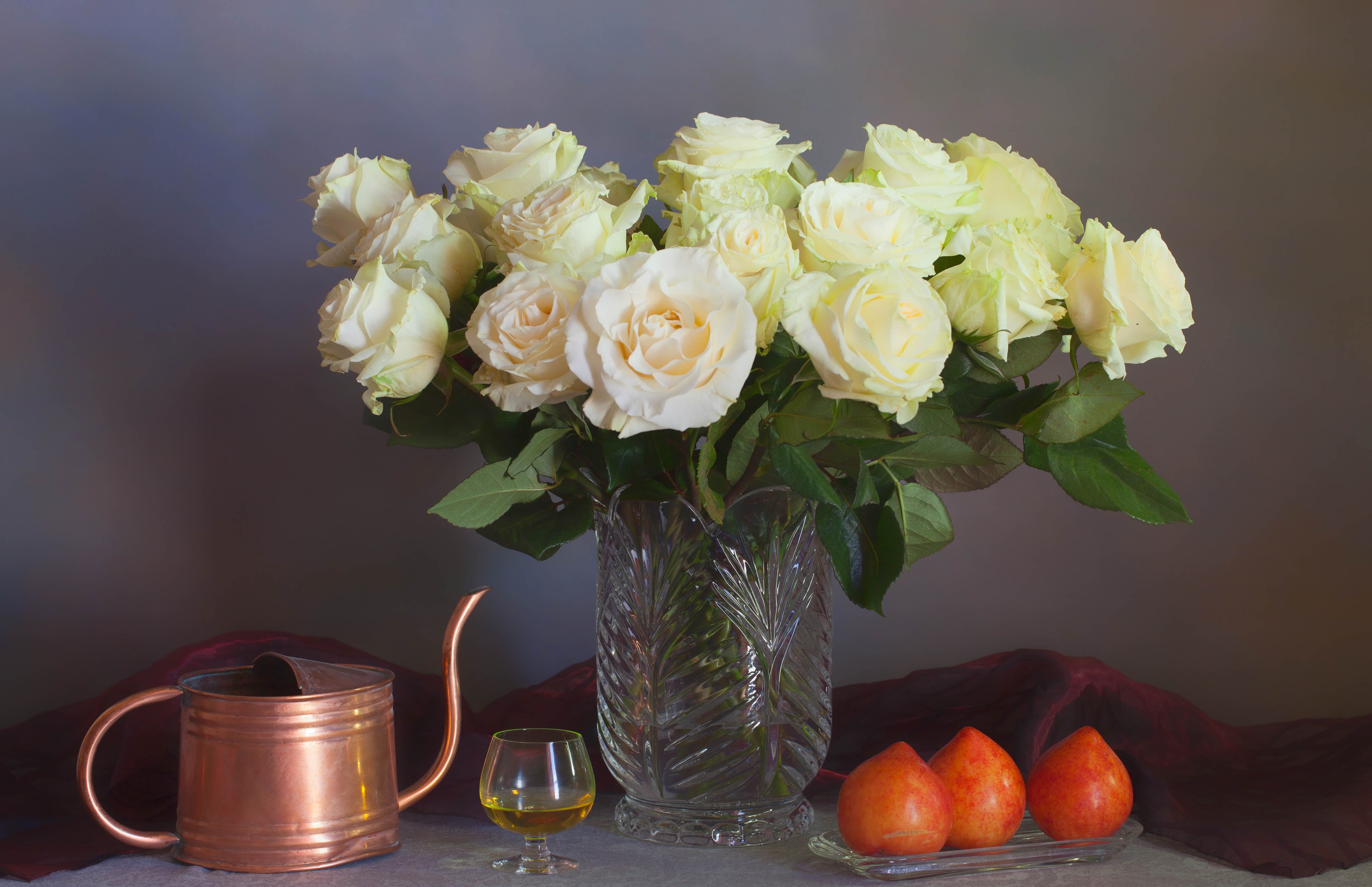 White Roses in a Vase with Fruit and Watering Can HD Wallpaper