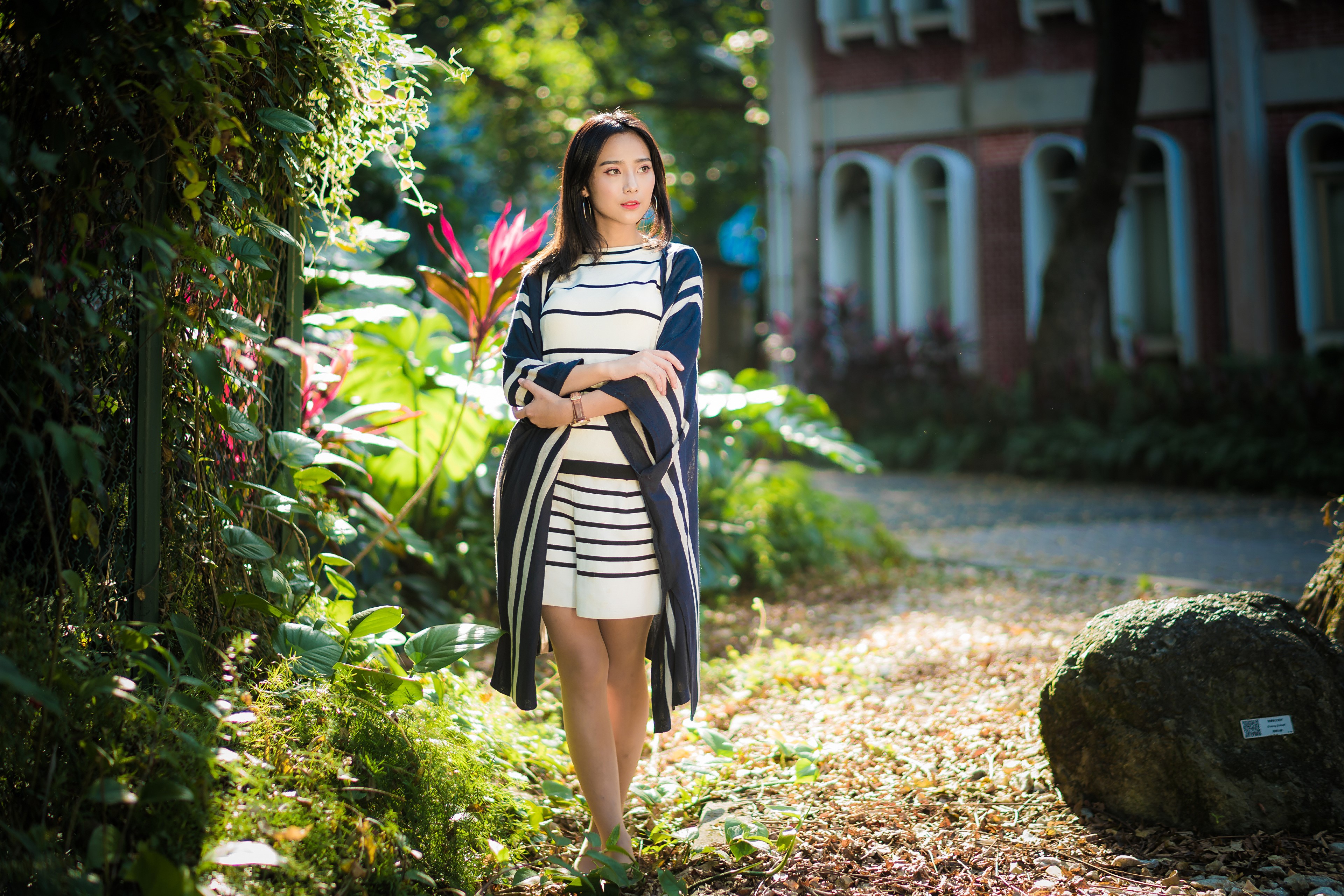 4K Asian Woman in Striped Dress Outdoors HD Wallpaper