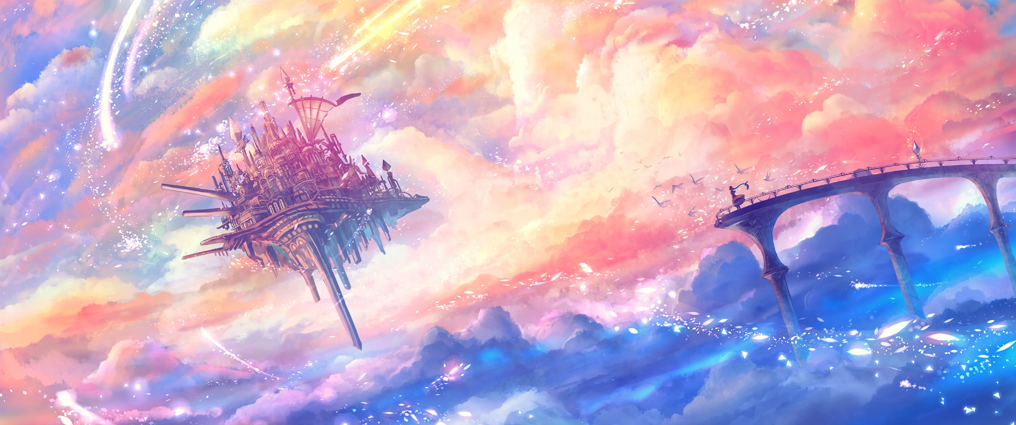 Floating castle and bridge in a colorful sky HD Wallpaper
