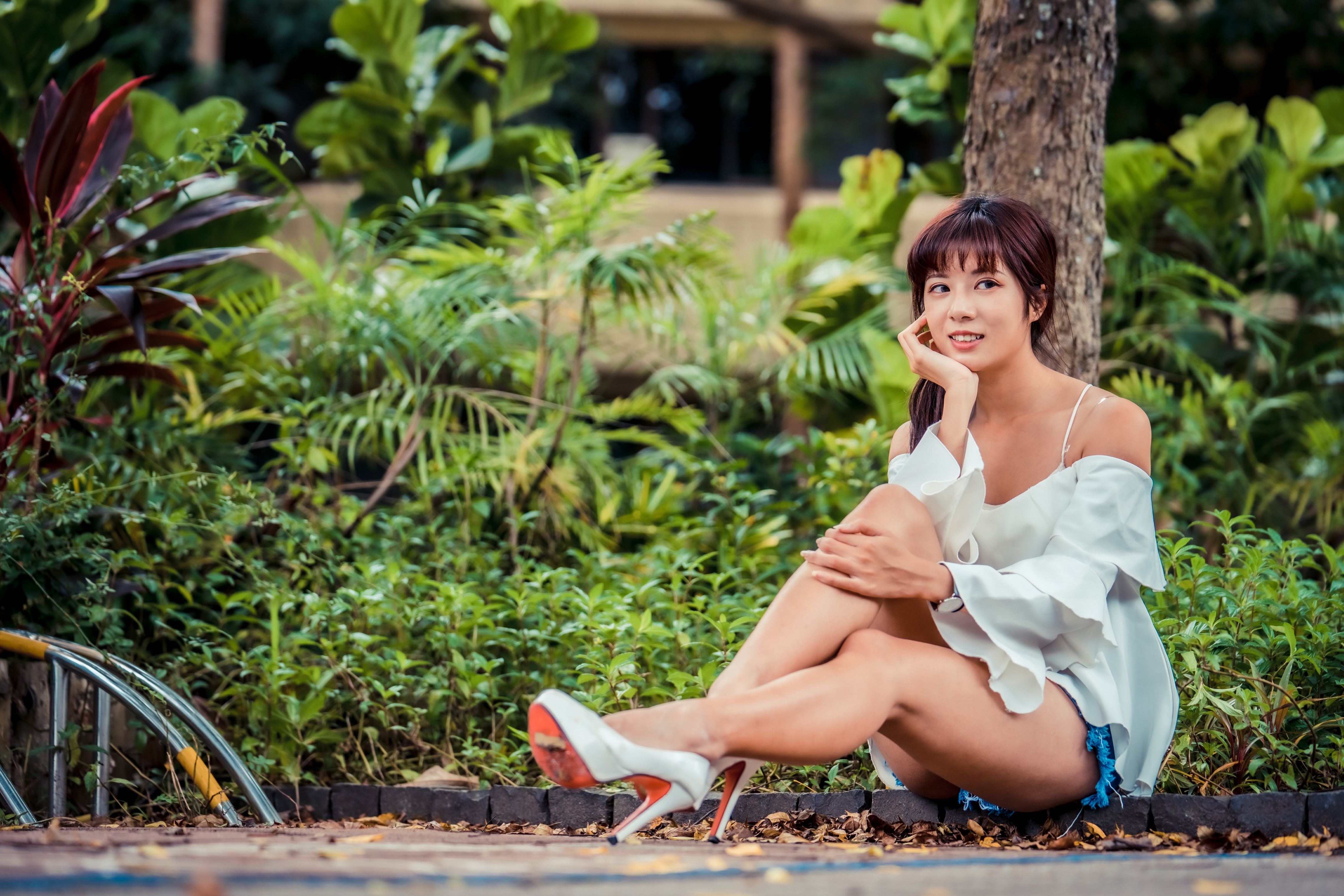 Asian woman sitting by a tree trunk HD Wallpaper