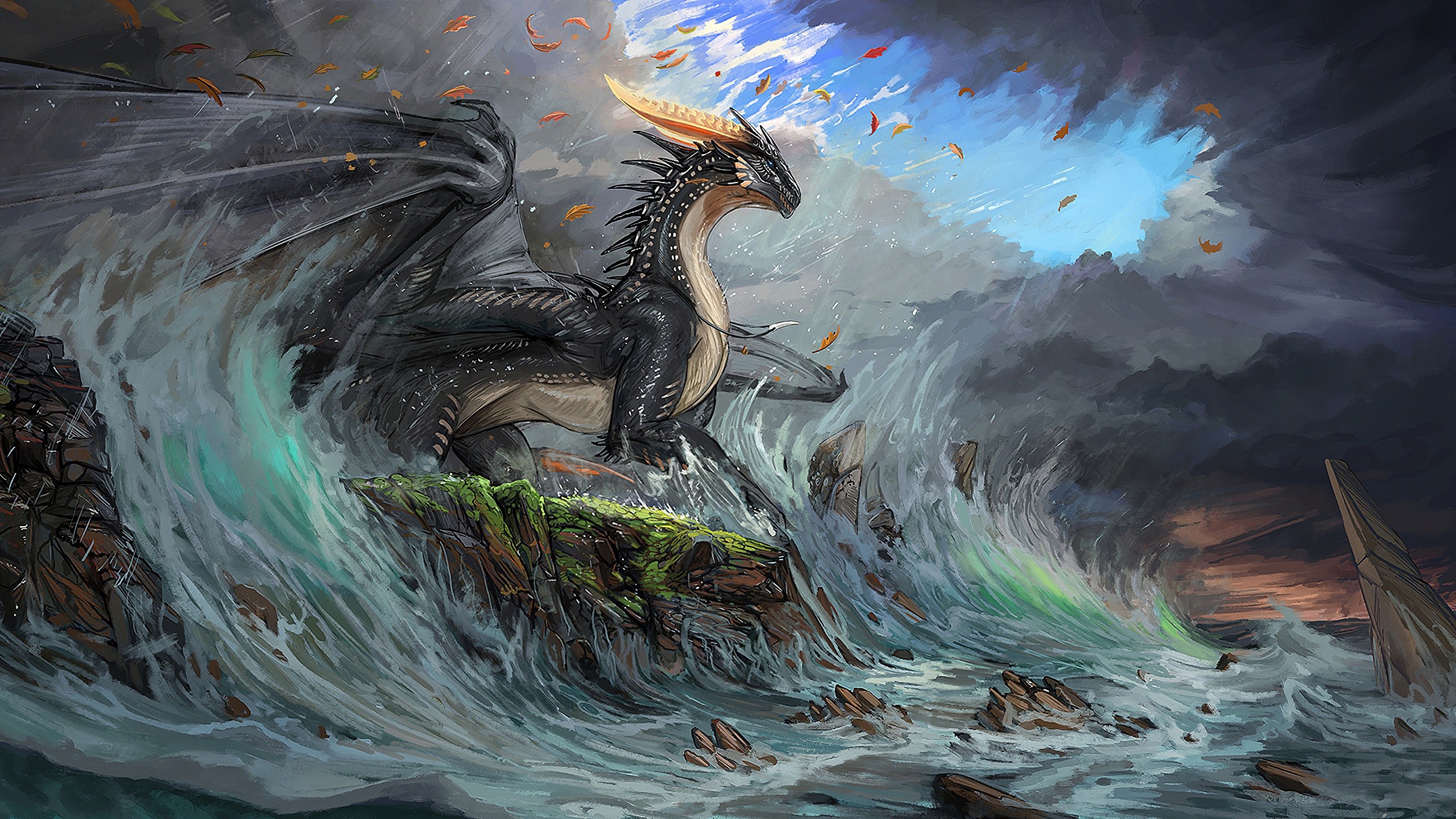 Black dragon on rocks with crashing waves HD Wallpaper