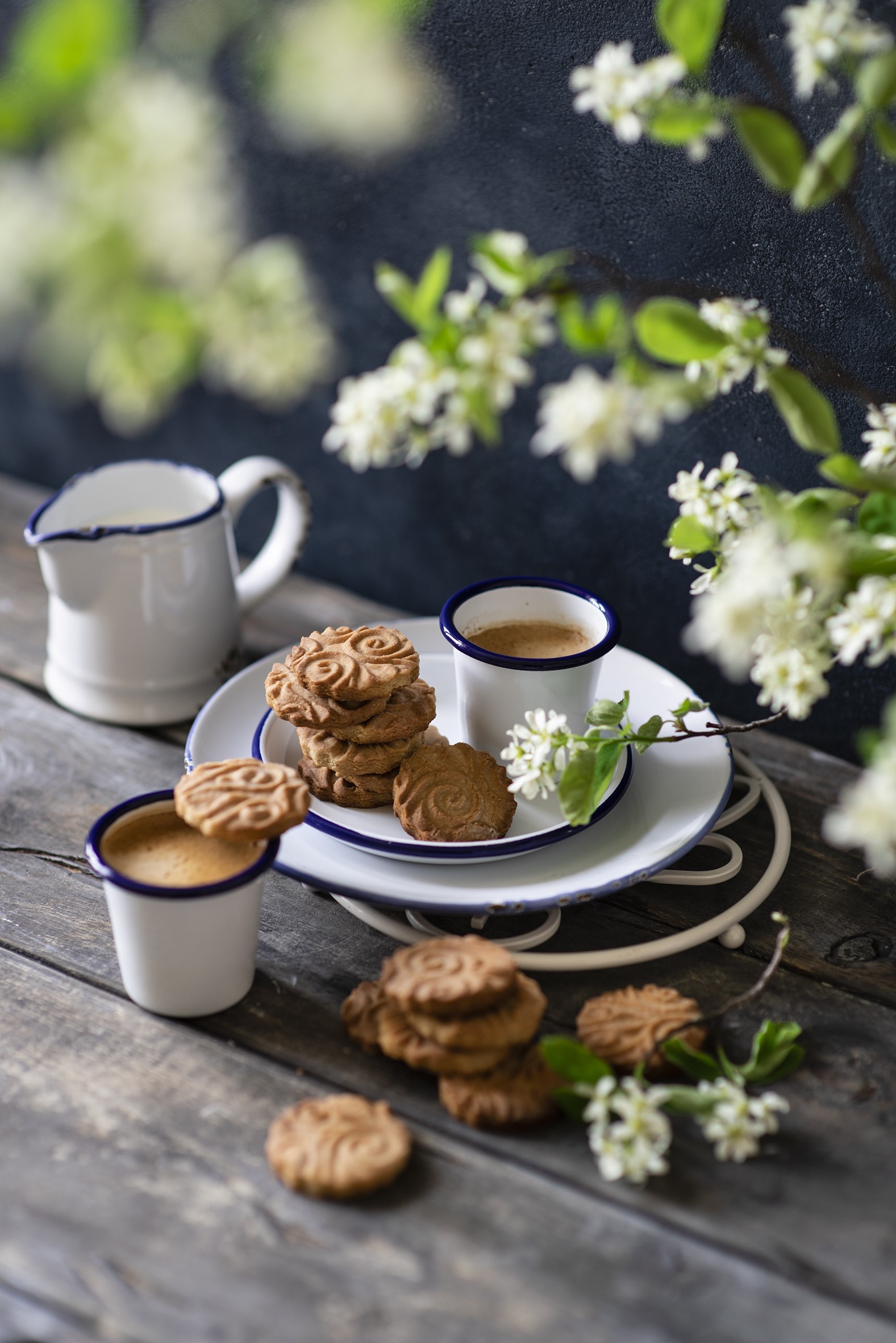 Espresso cups with cookies and a milk jug HD Phone Wallpaper