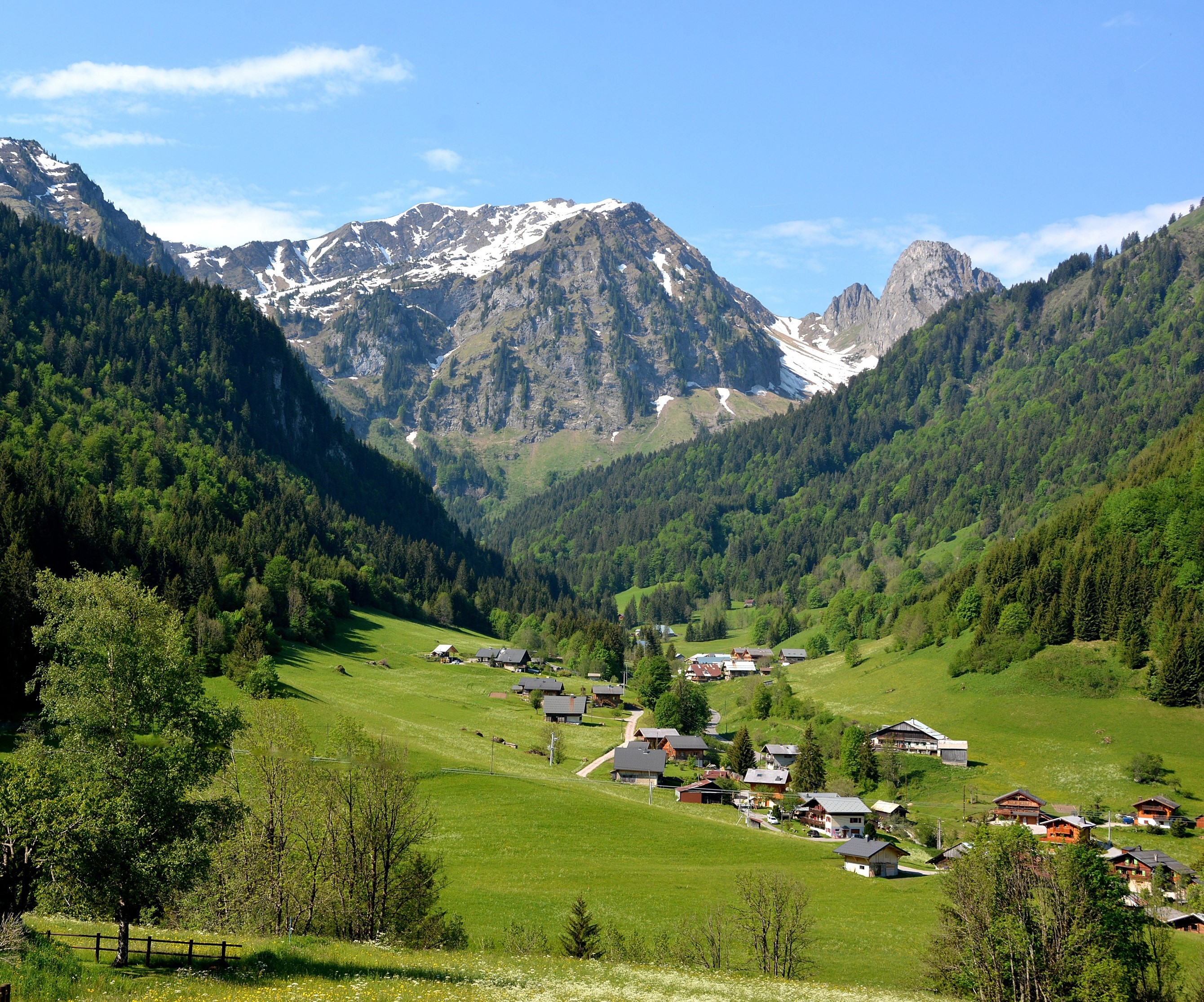 Village nestled in a green valley with snow-capped mountains HD Wallpaper