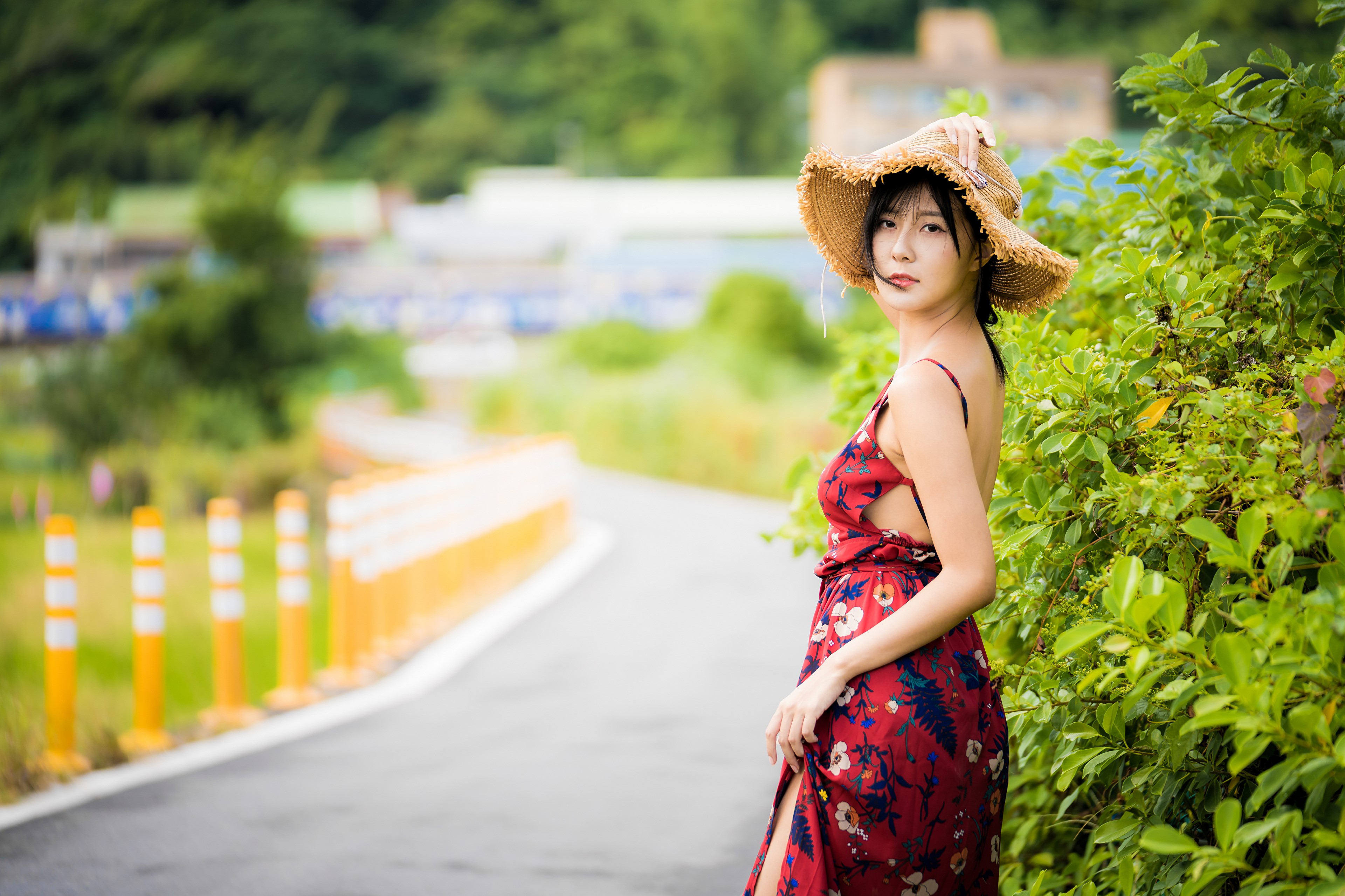 Asian woman in a red dress and hat HD Wallpaper