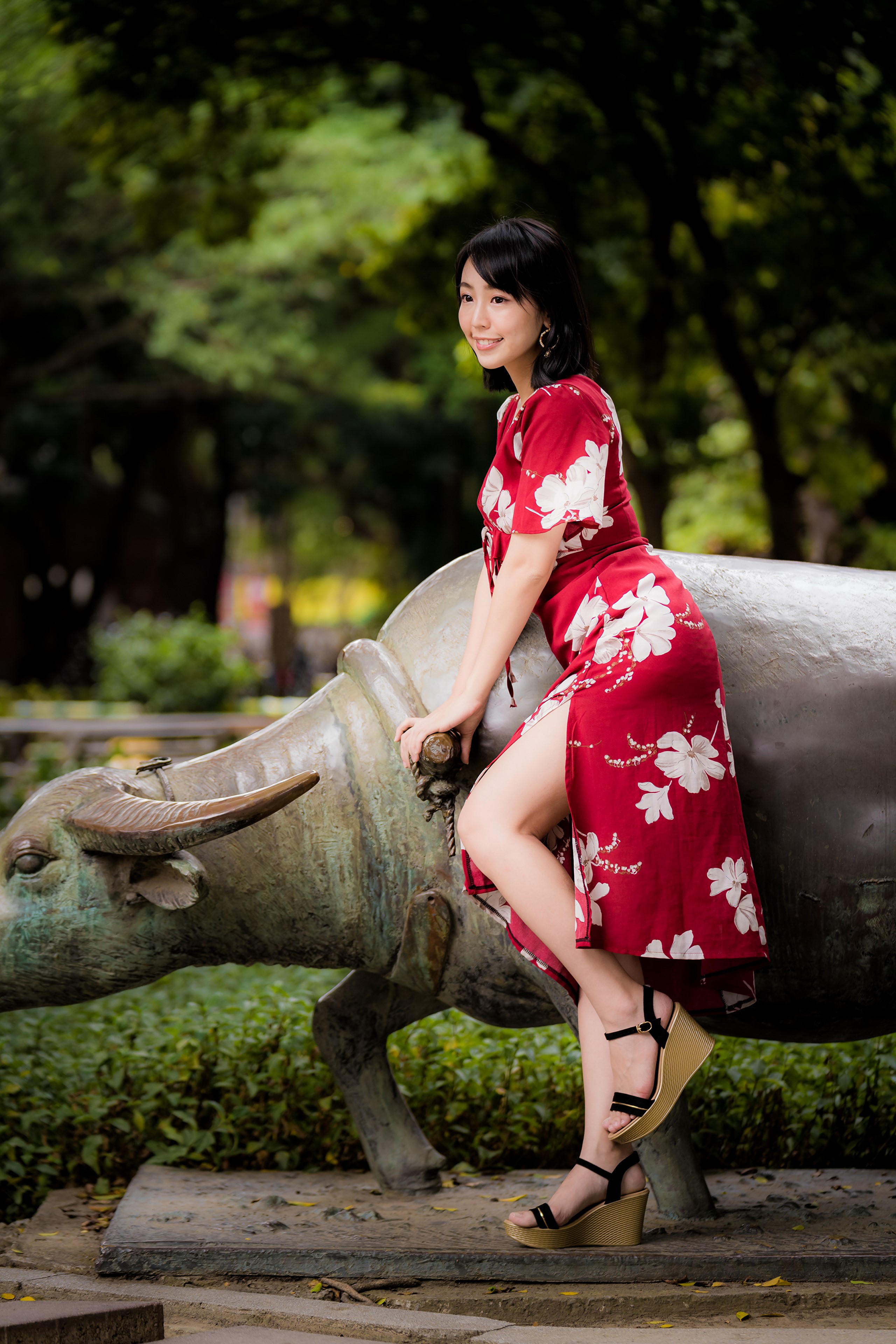 Woman in red floral dress posing on buffalo statue HD Phone Wallpaper
