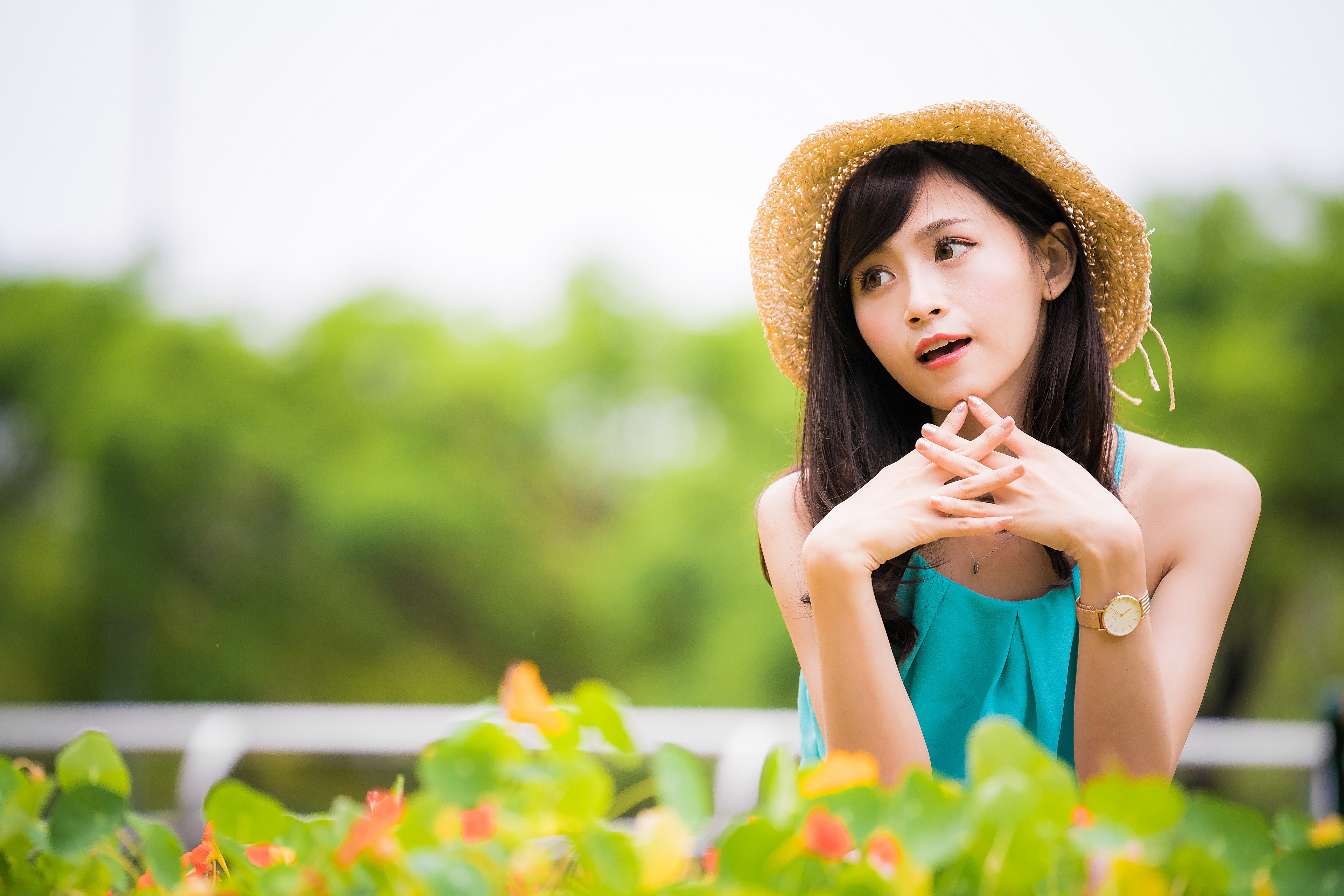 Asian woman wearing a straw hat and blue dress HD Wallpaper