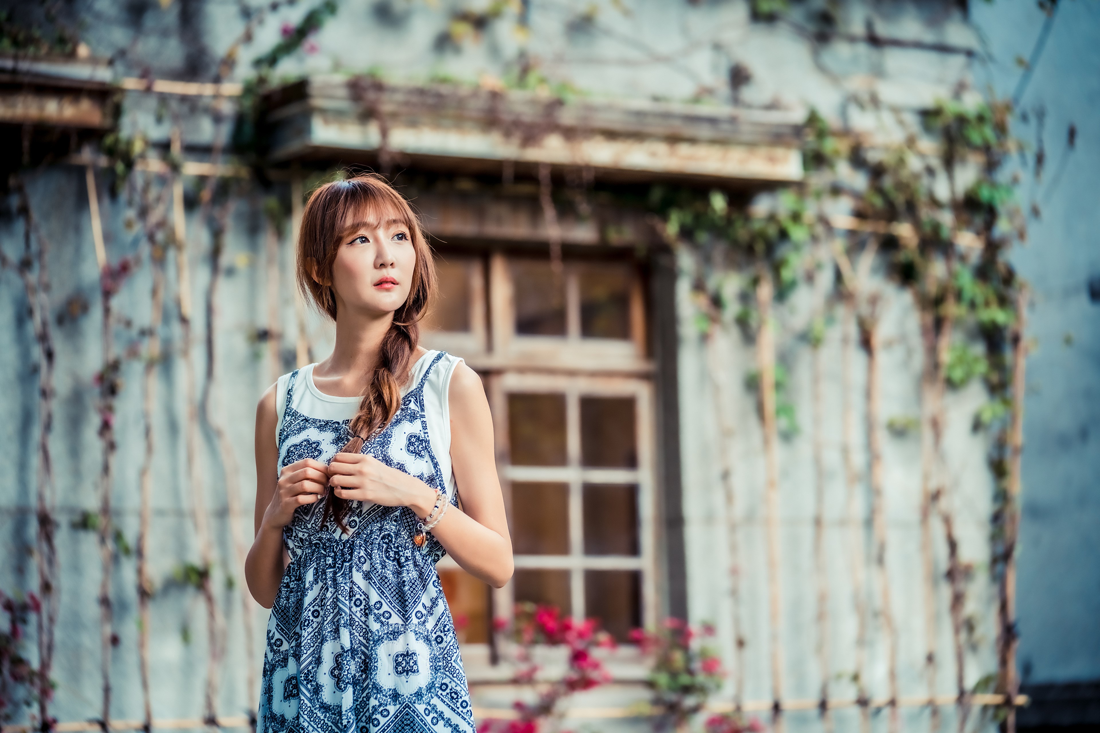 Asian woman with braid hair in a dress HD Wallpaper
