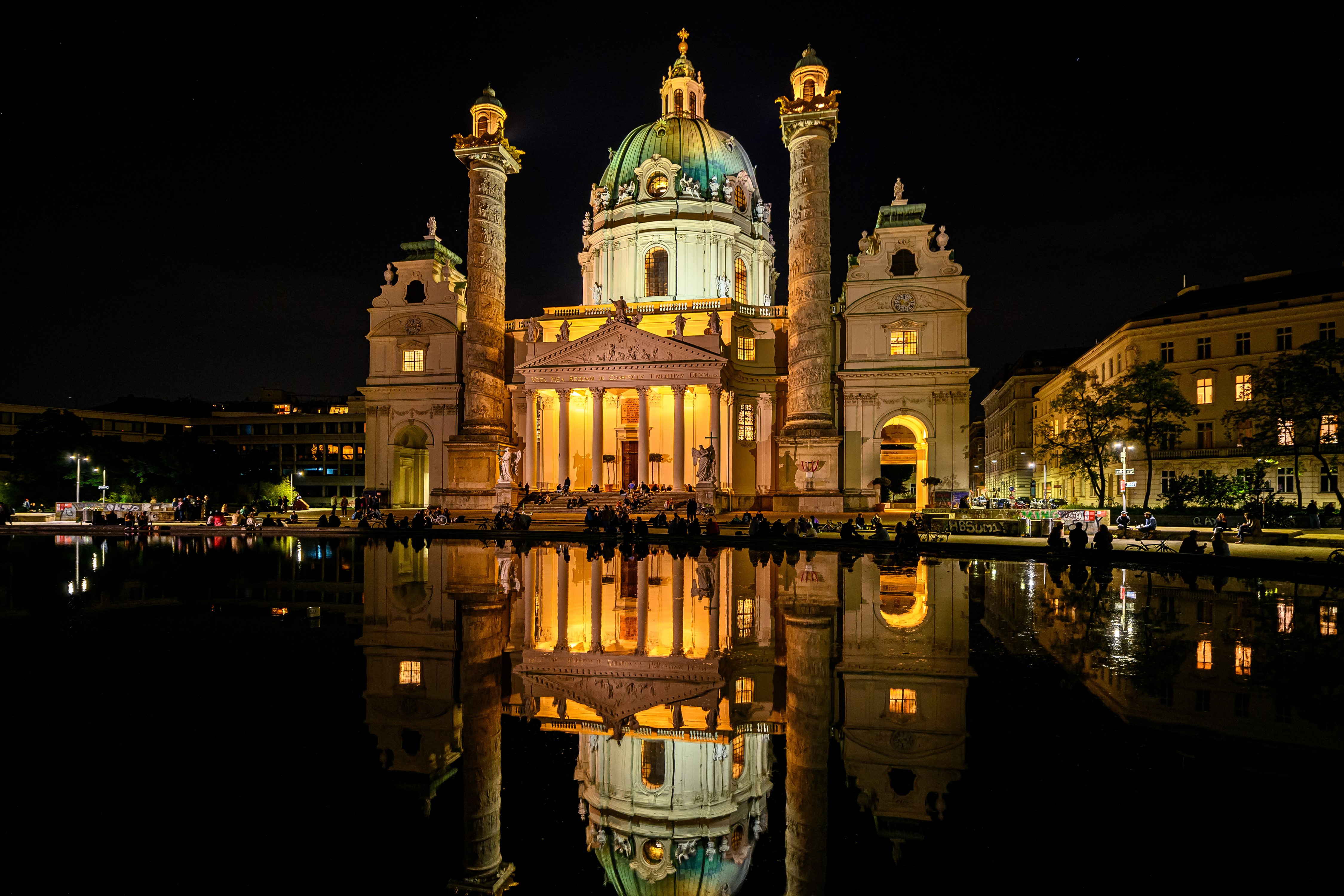 Karlskirche Church in Vienna at Night with Reflection HD Wallpaper