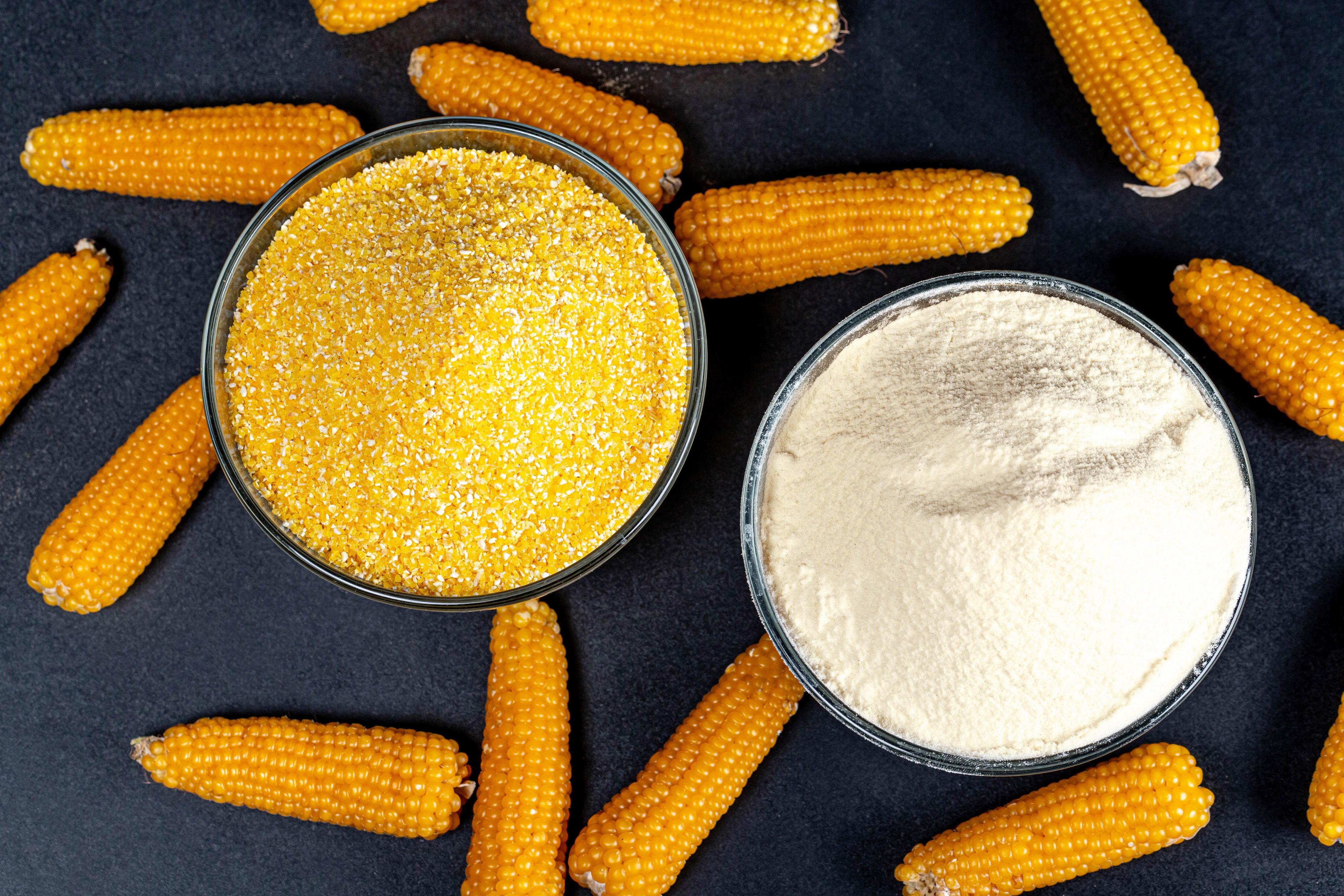 Corn flour and cornmeal in bowls with corn cobs HD Wallpaper