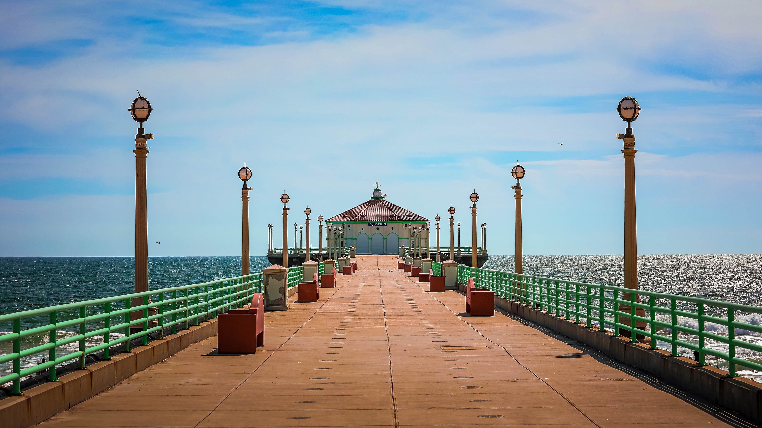 Manhattan Beach Pier with Ocean and Blue Sky HD Wallpaper