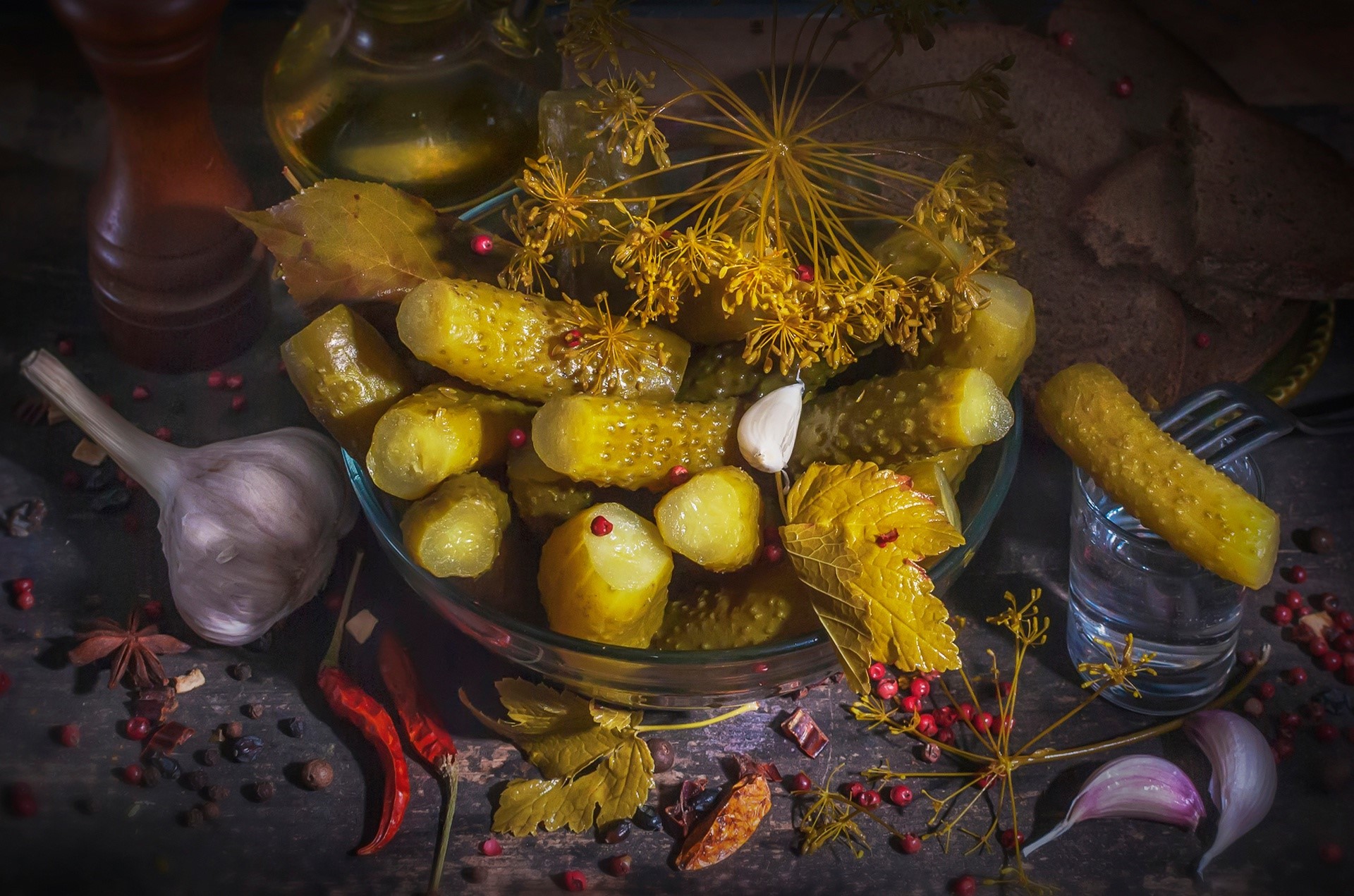 Pickled Cucumbers with Dill, Garlic, Chili, and Vodka HD Wallpaper