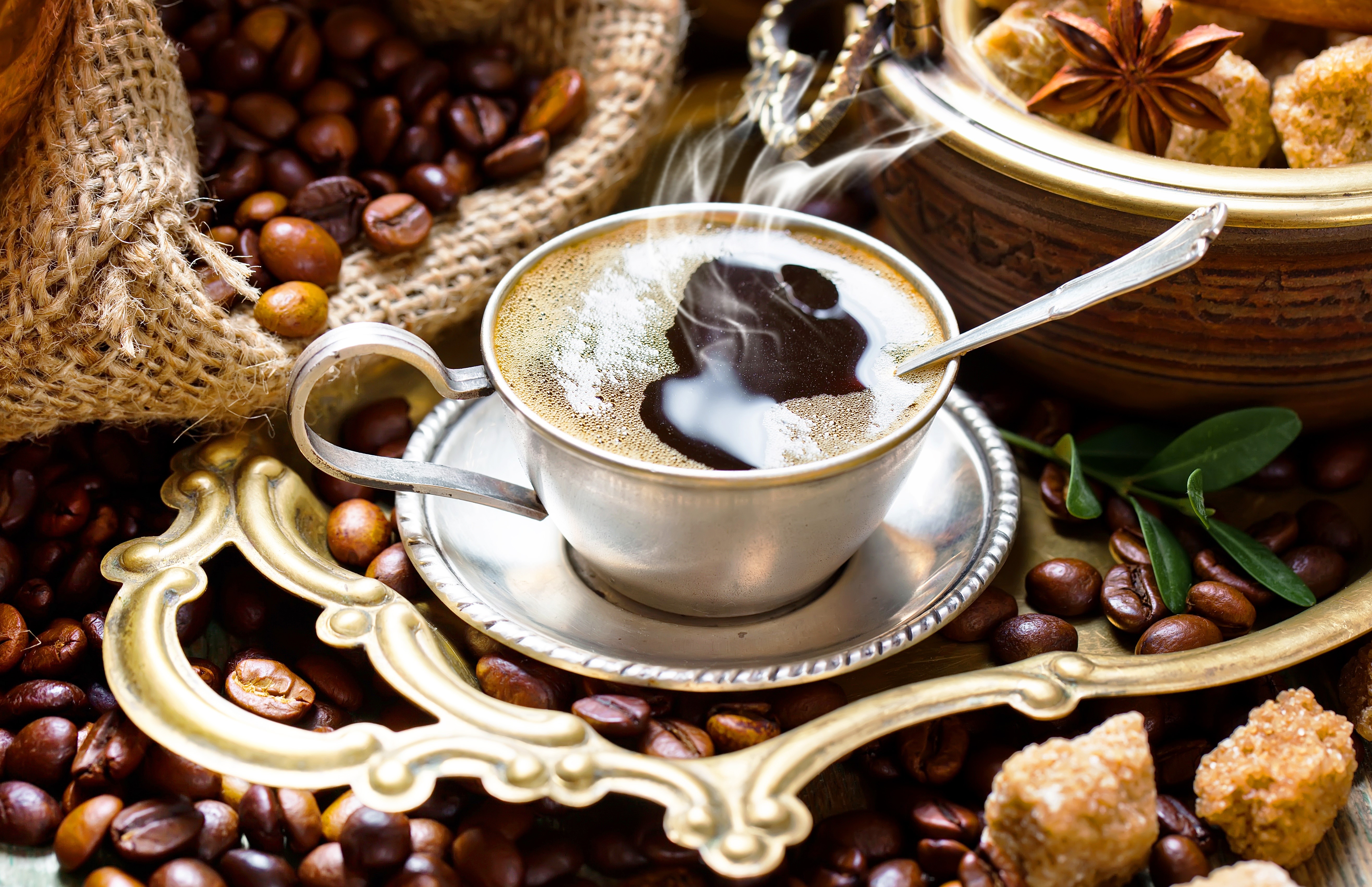Coffee beans, cup of coffee, and sugar cubes HD Wallpaper