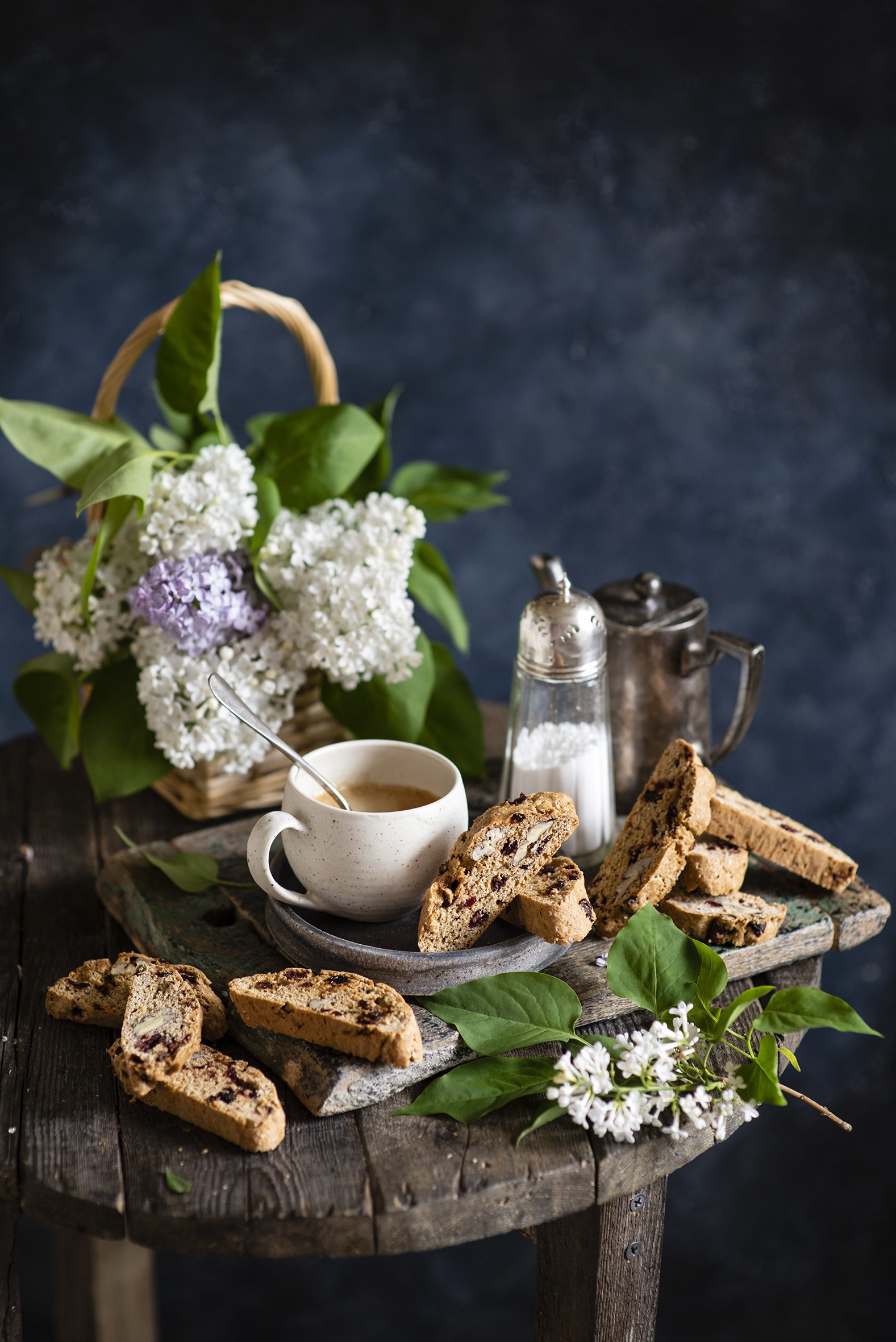 Still life with lilac, coffee, and biscotti HD Phone Wallpaper