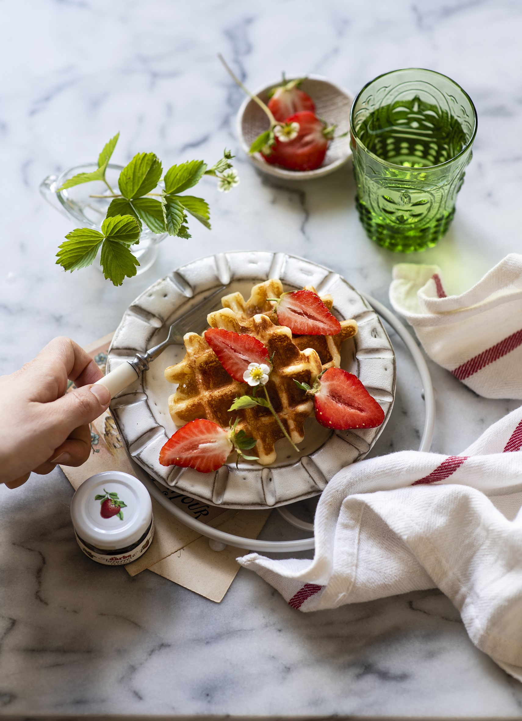 Waffles with strawberries and a glass of water HD Phone Wallpaper