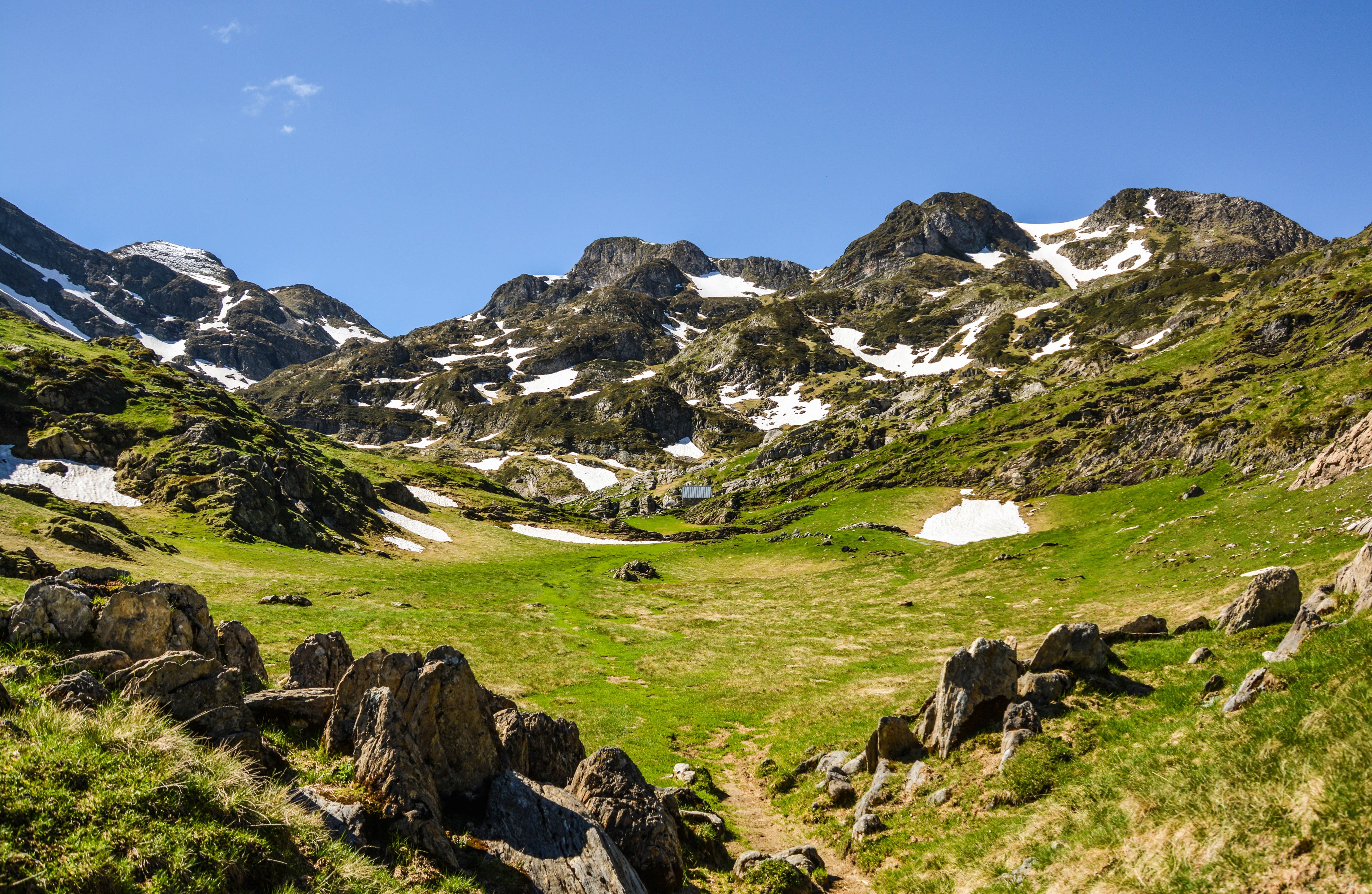 Mountains with snow and green grass in the Alps HD Wallpaper