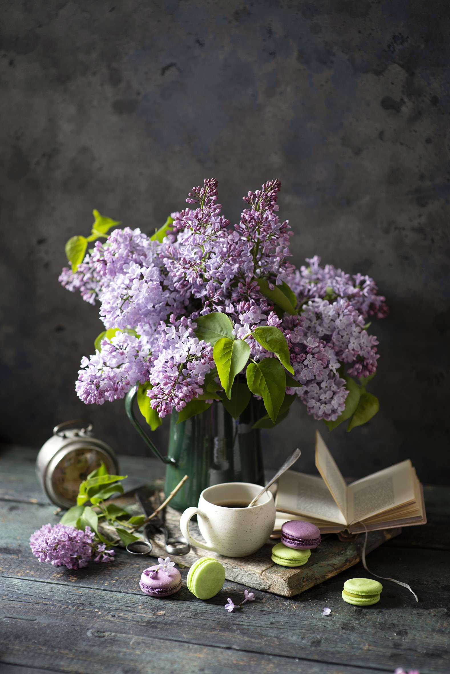 Still-life with Lilac, Cup, Macarons, and Book HD Phone Wallpaper