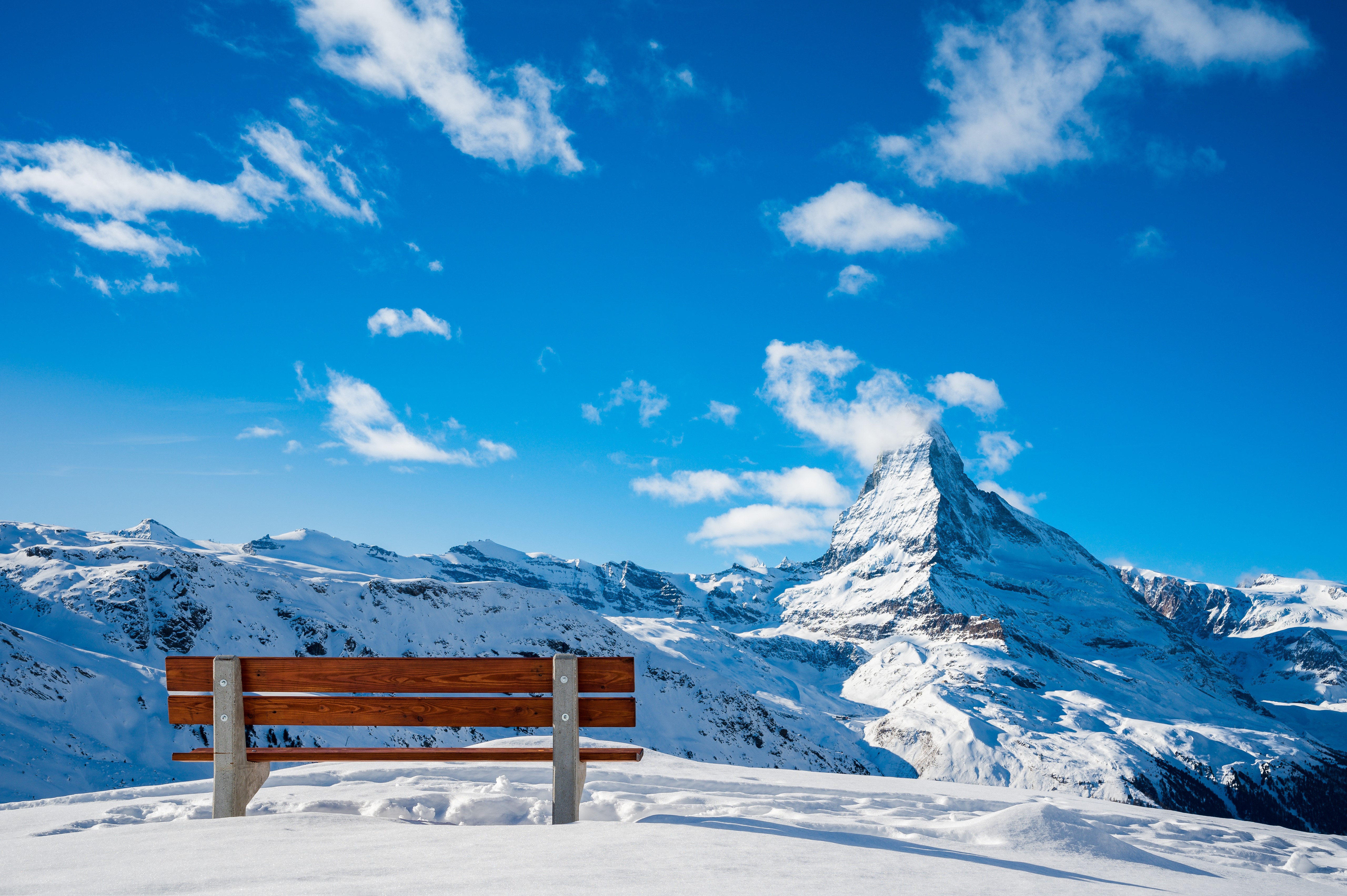 Bench in front of Matterhorn mountain, Zermatt, Switzerland HD Wallpaper