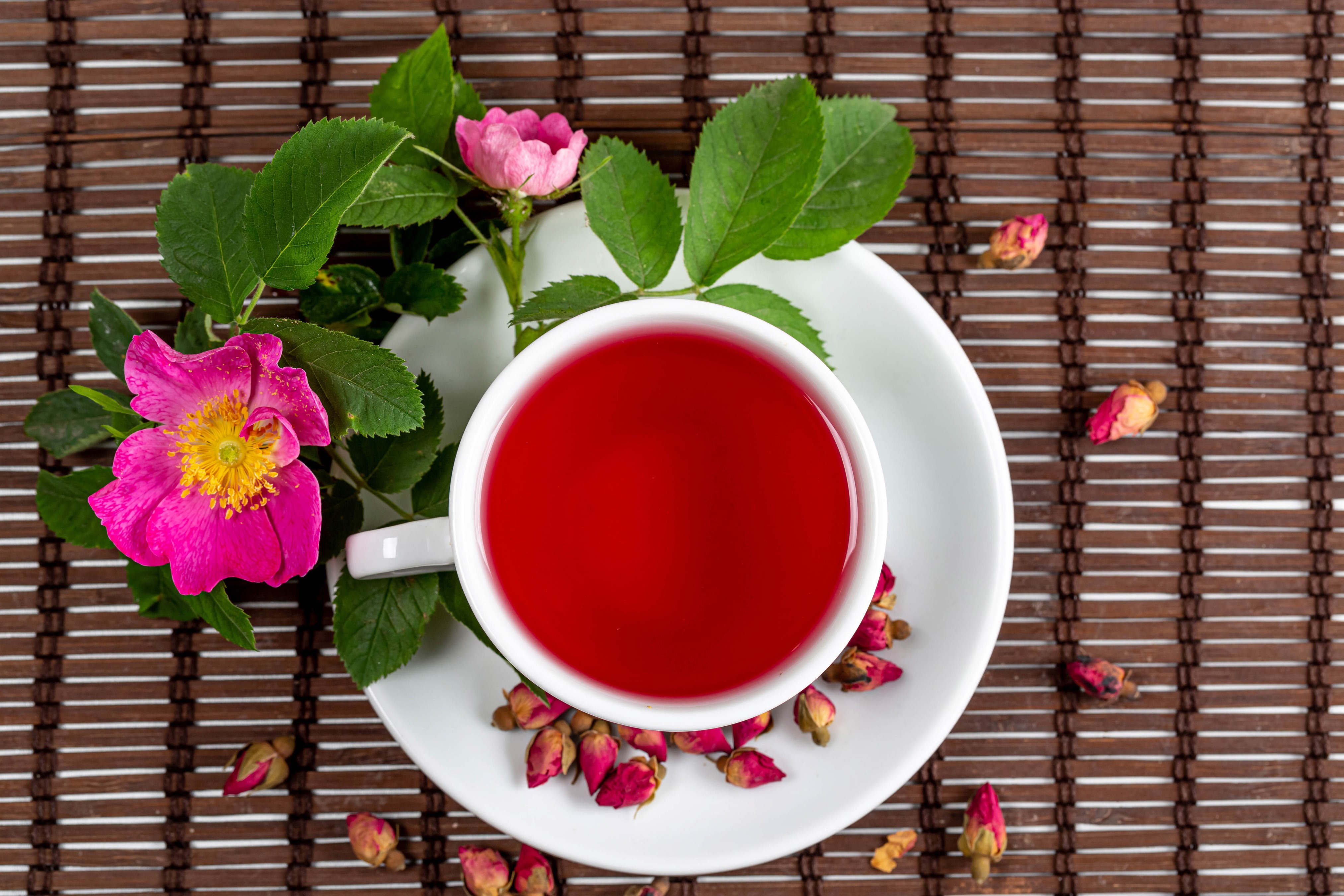 Rose tea in a cup with rose flowers HD Wallpaper