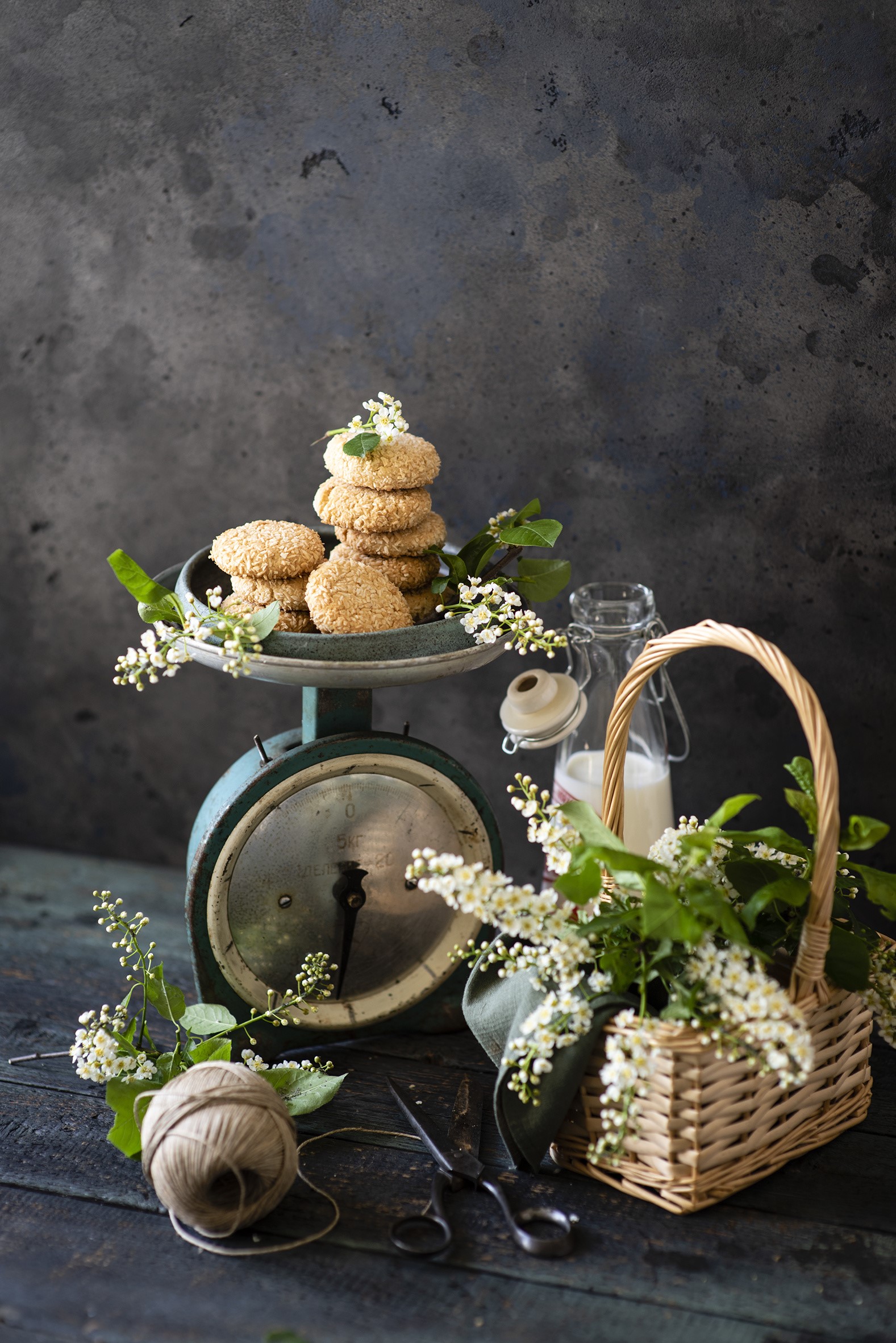 Cookies on a scale with flowers and milk HD Phone Wallpaper