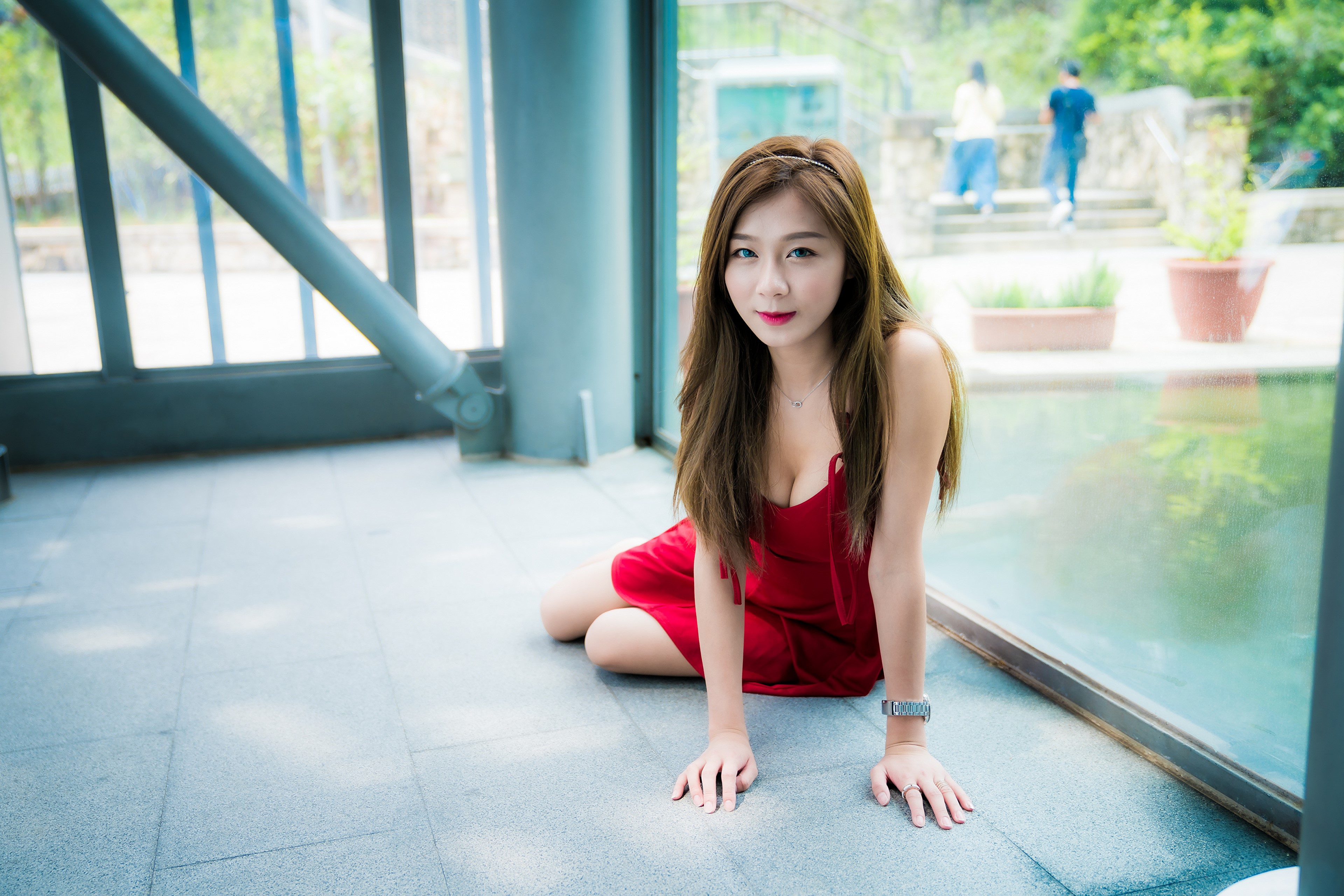 4K Asian Woman Sitting in Red Dress HD Wallpaper