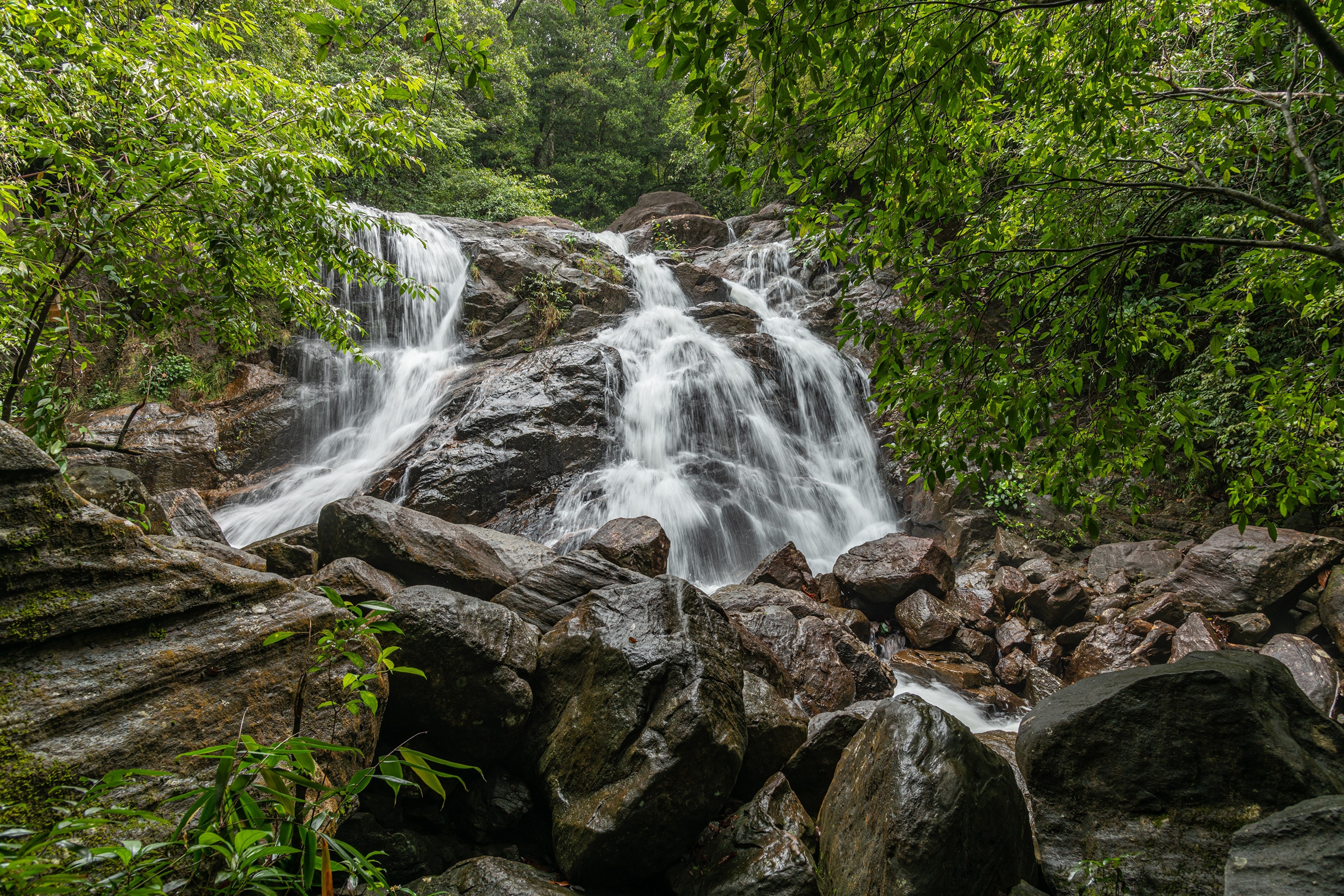 4K Waterfall with Rocks and Greenery HD Wallpaper
