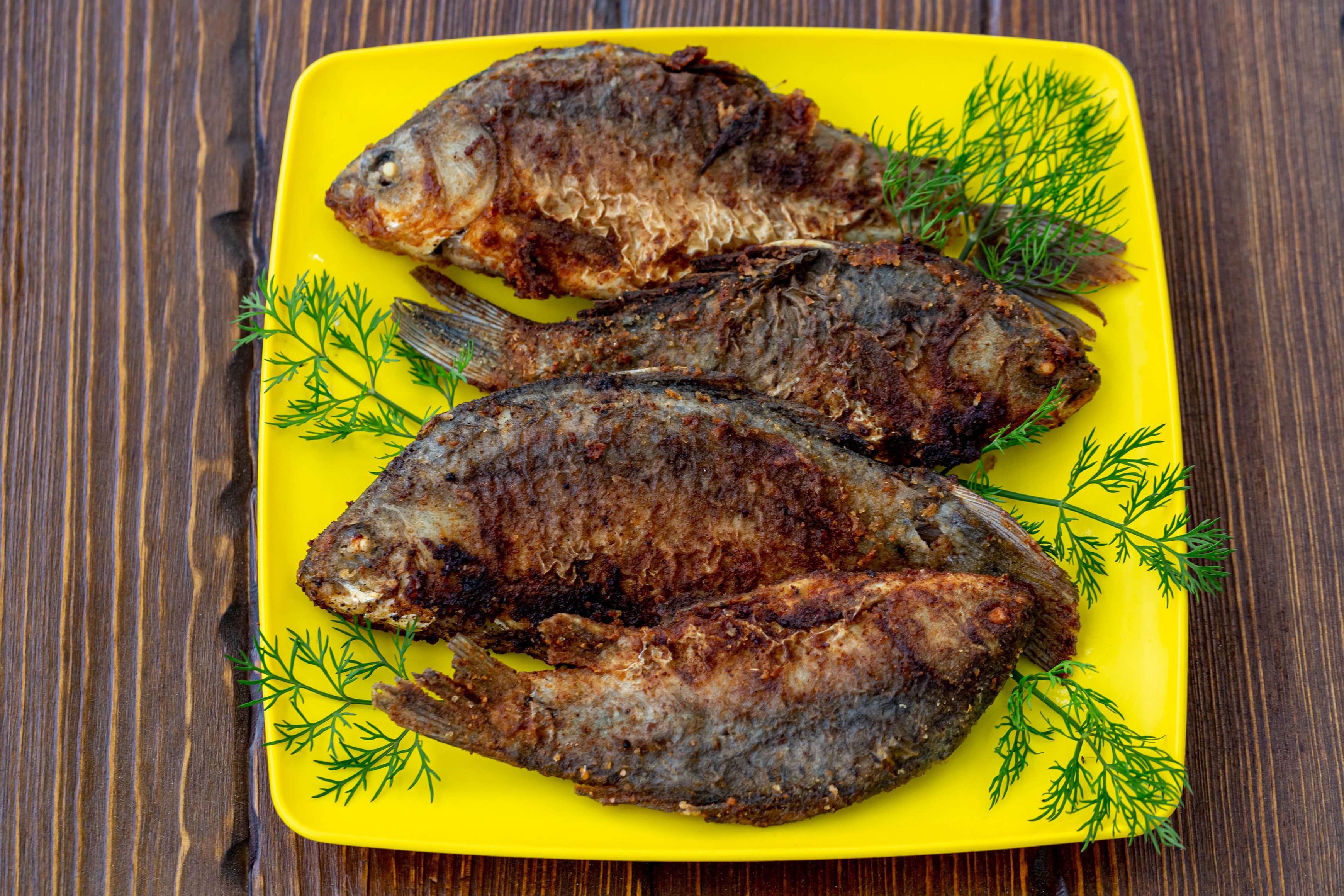 Fried Fish with Dill on Yellow Plate HD Wallpaper