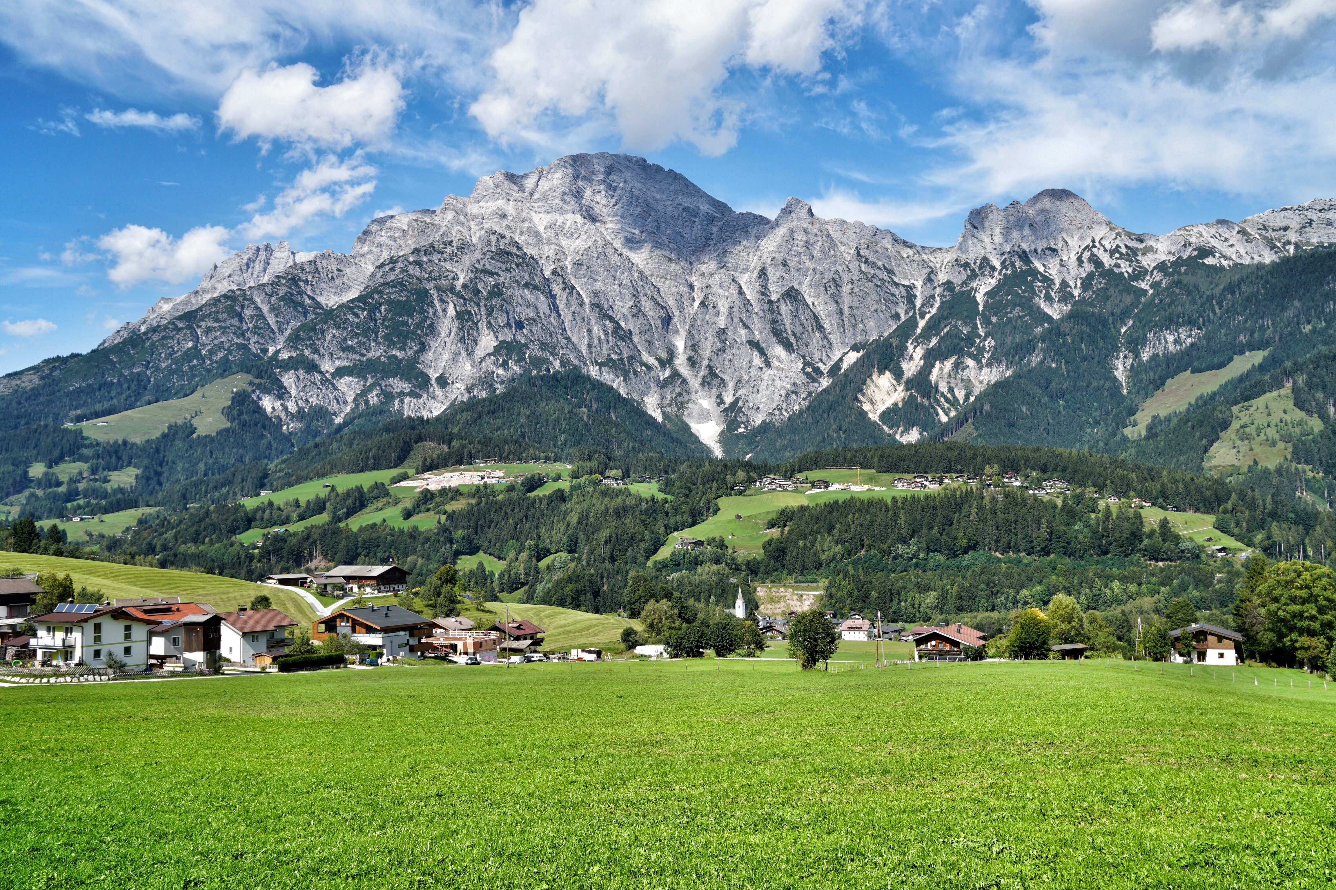 4K Leogang Mountains Grasslands Scenery Austria Salzburg Village HD Wallpaper