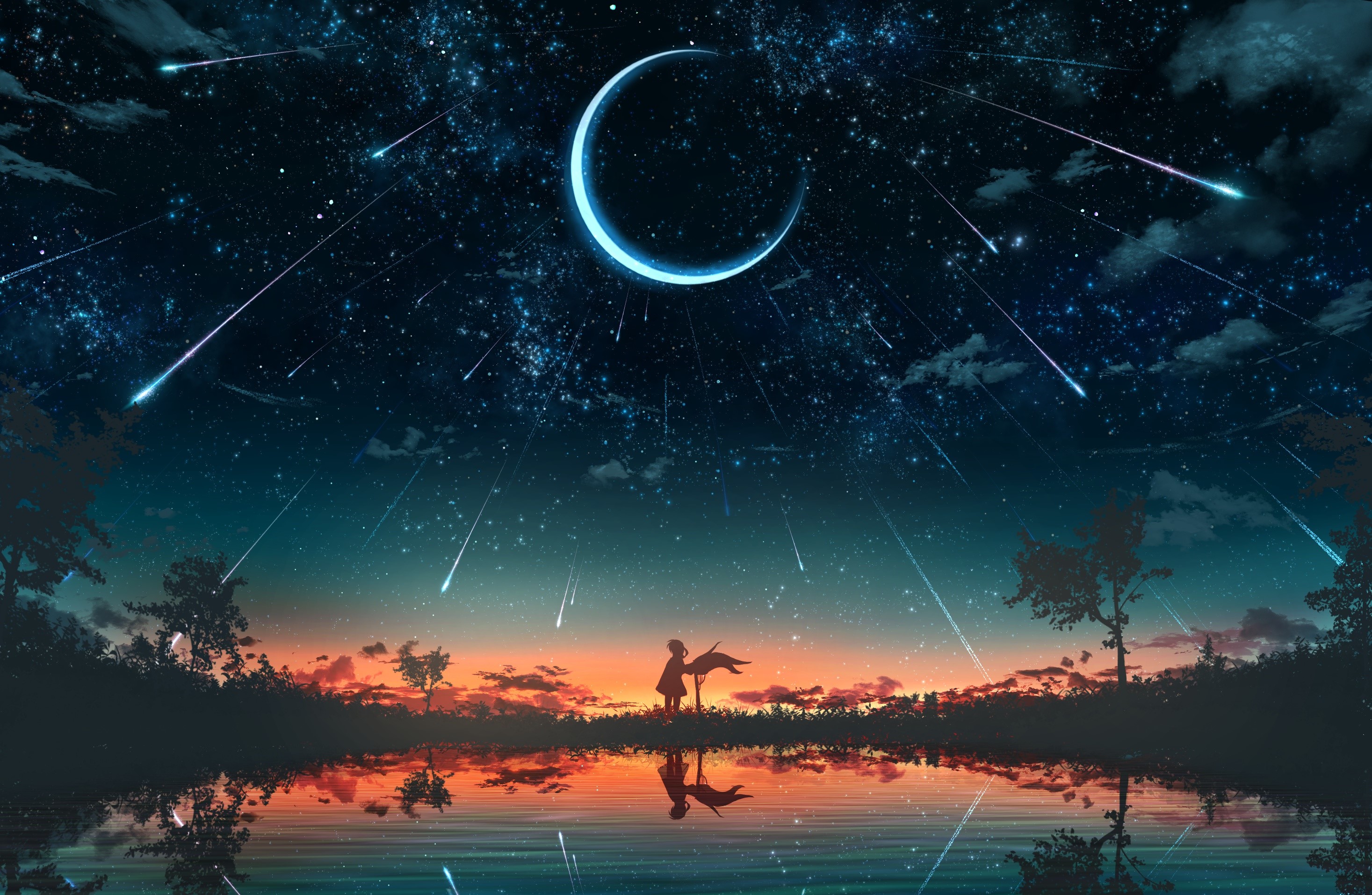 Silhouette of a girl under a crescent moon and shooting stars HD Wallpaper
