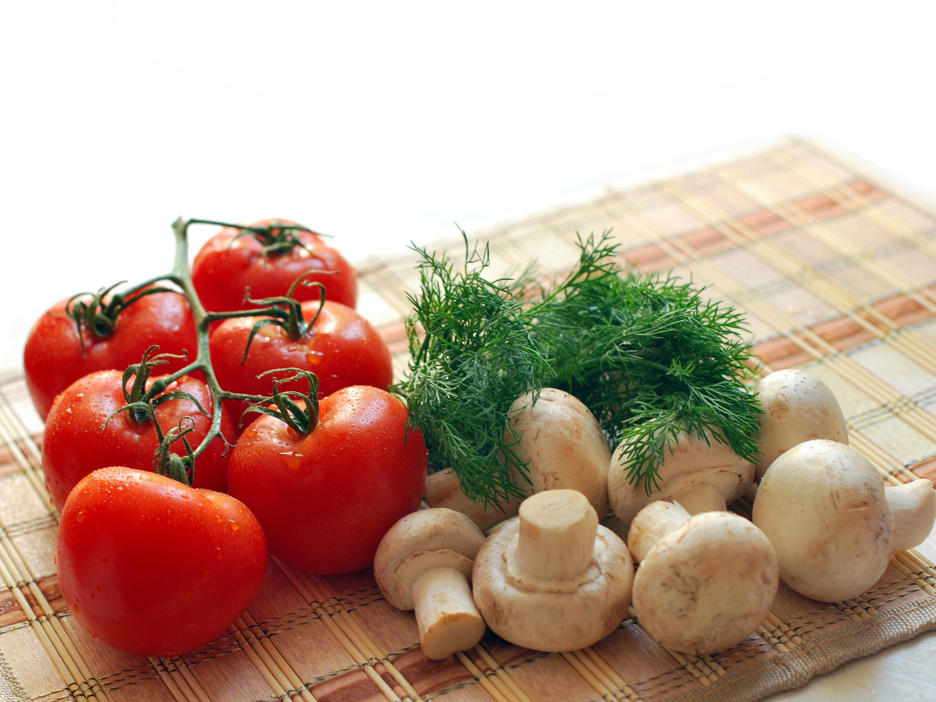 Tomatoes, Dill, and Mushrooms on a Placemat HD Wallpaper