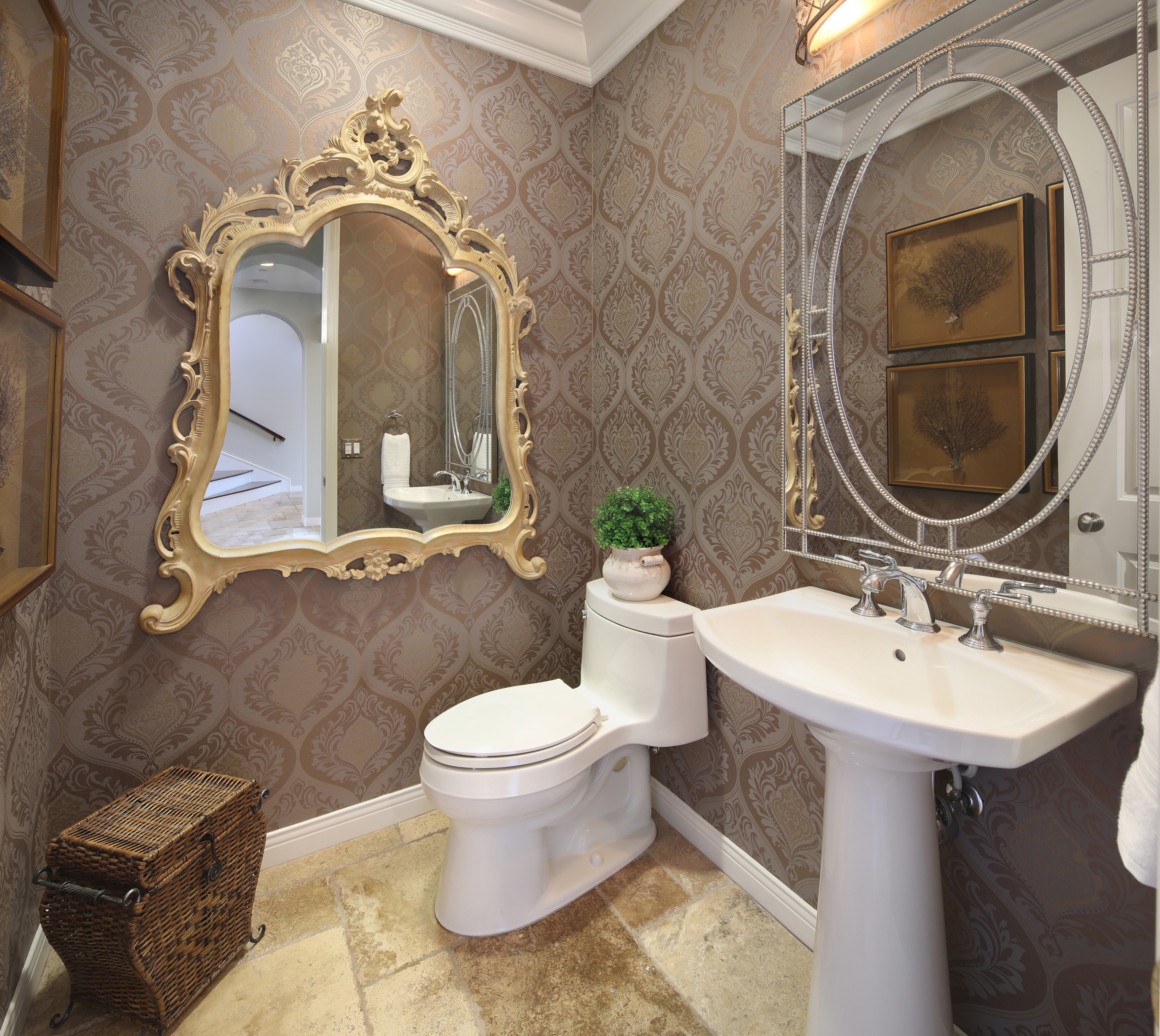 Powder Room with Ornate Mirror and Pedestal Sink HD Wallpaper