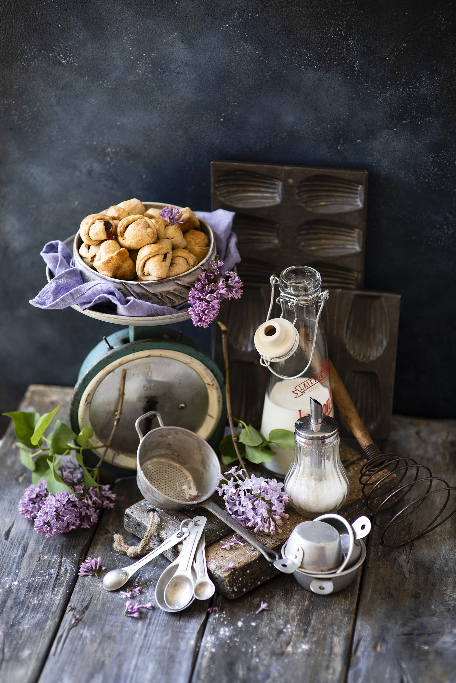 Still life with pastries, lilac, and baking tools HD Phone Wallpaper