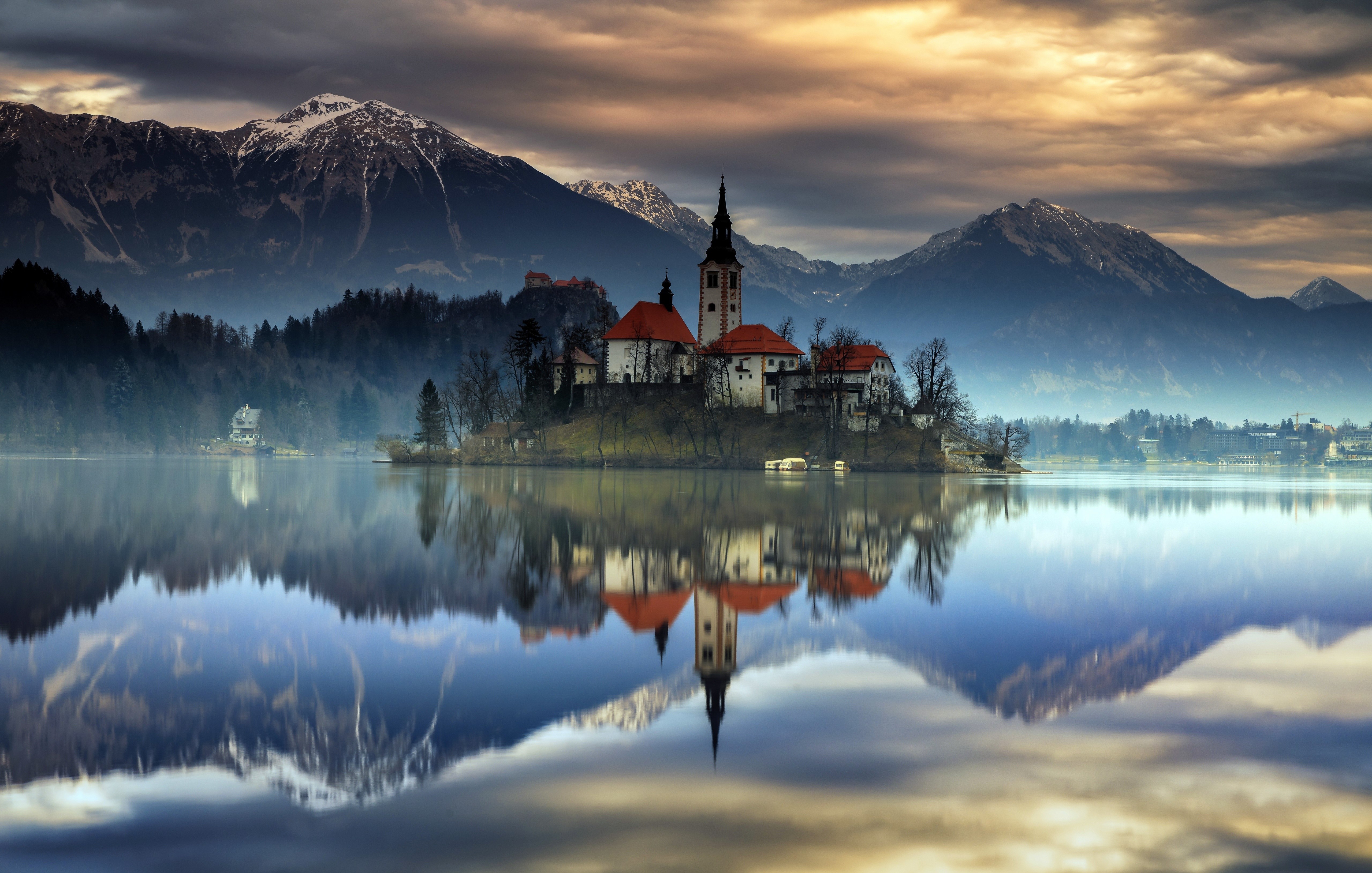 Lake Bled island church and mountains reflection HD Wallpaper