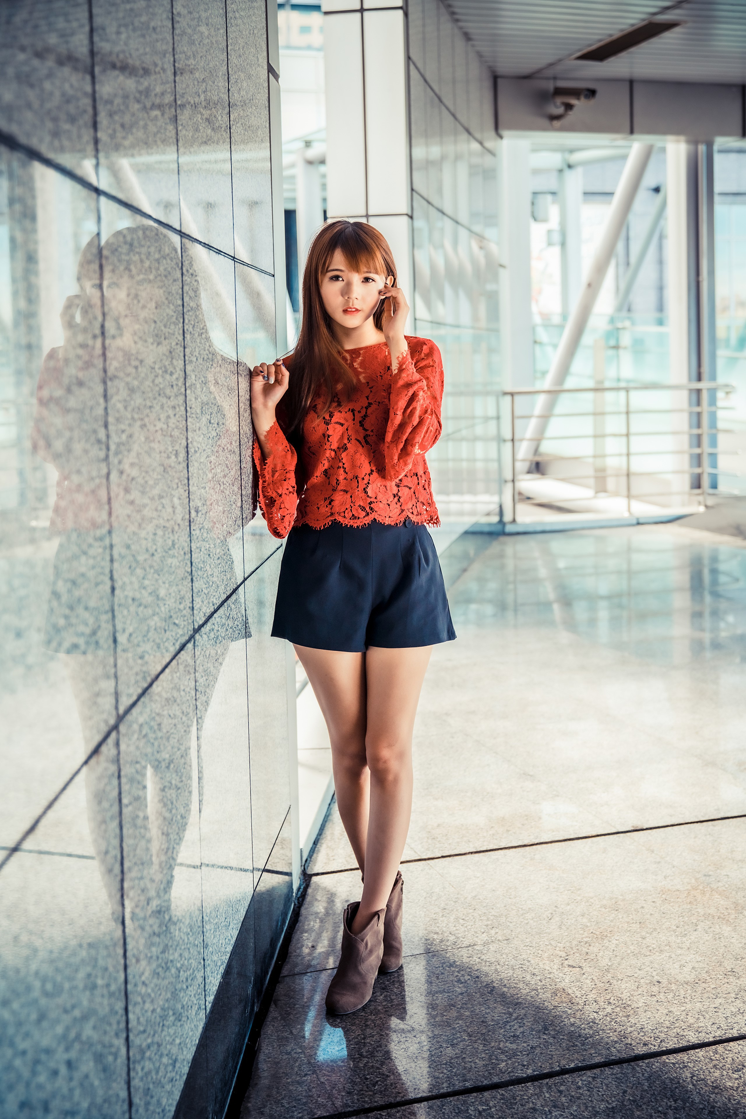 Asian Woman in Orange Blouse and Black Skirt HD Phone Wallpaper