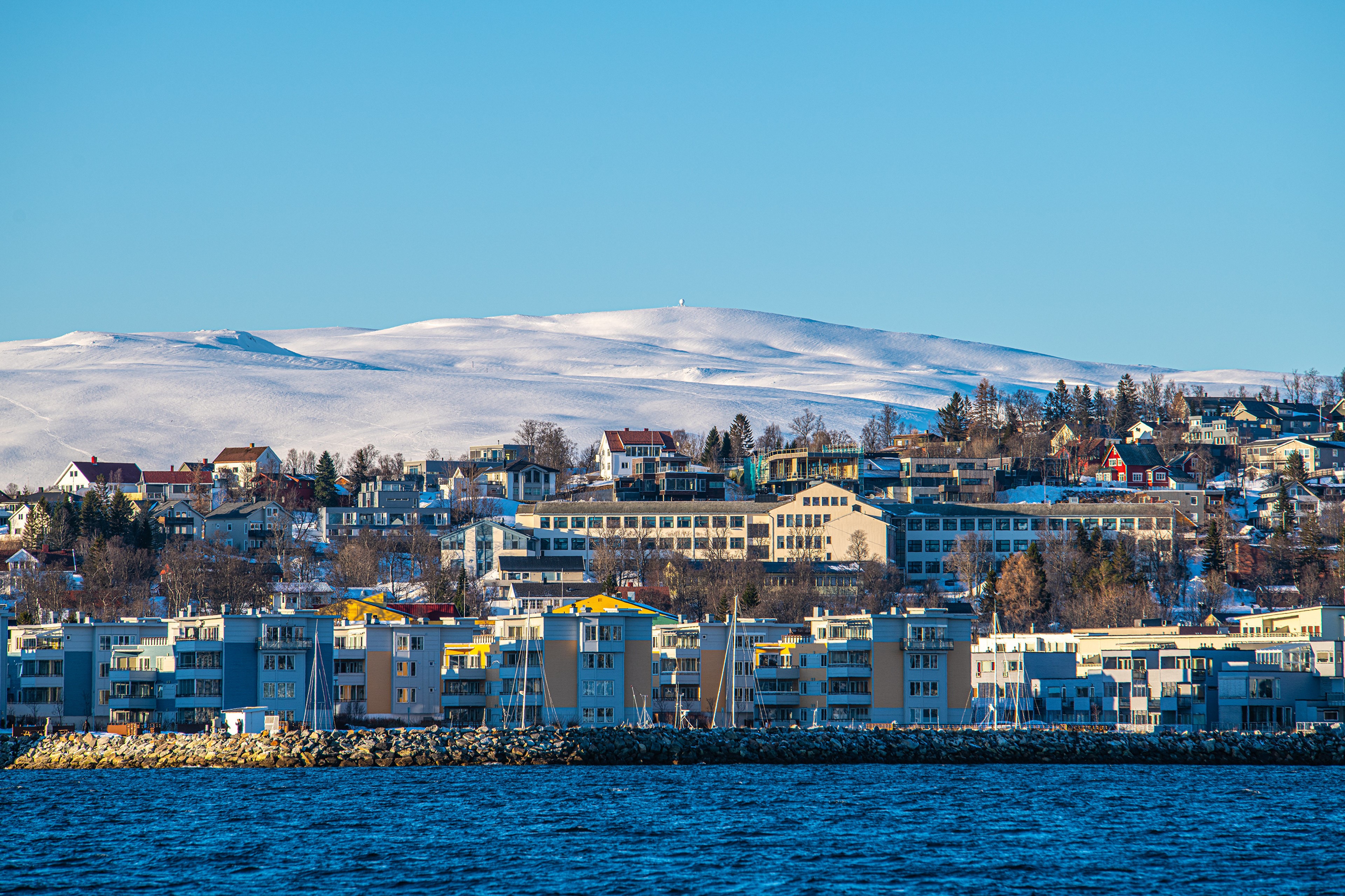 4K Tromso Norway Snowy Mountains and Houses HD Wallpaper
