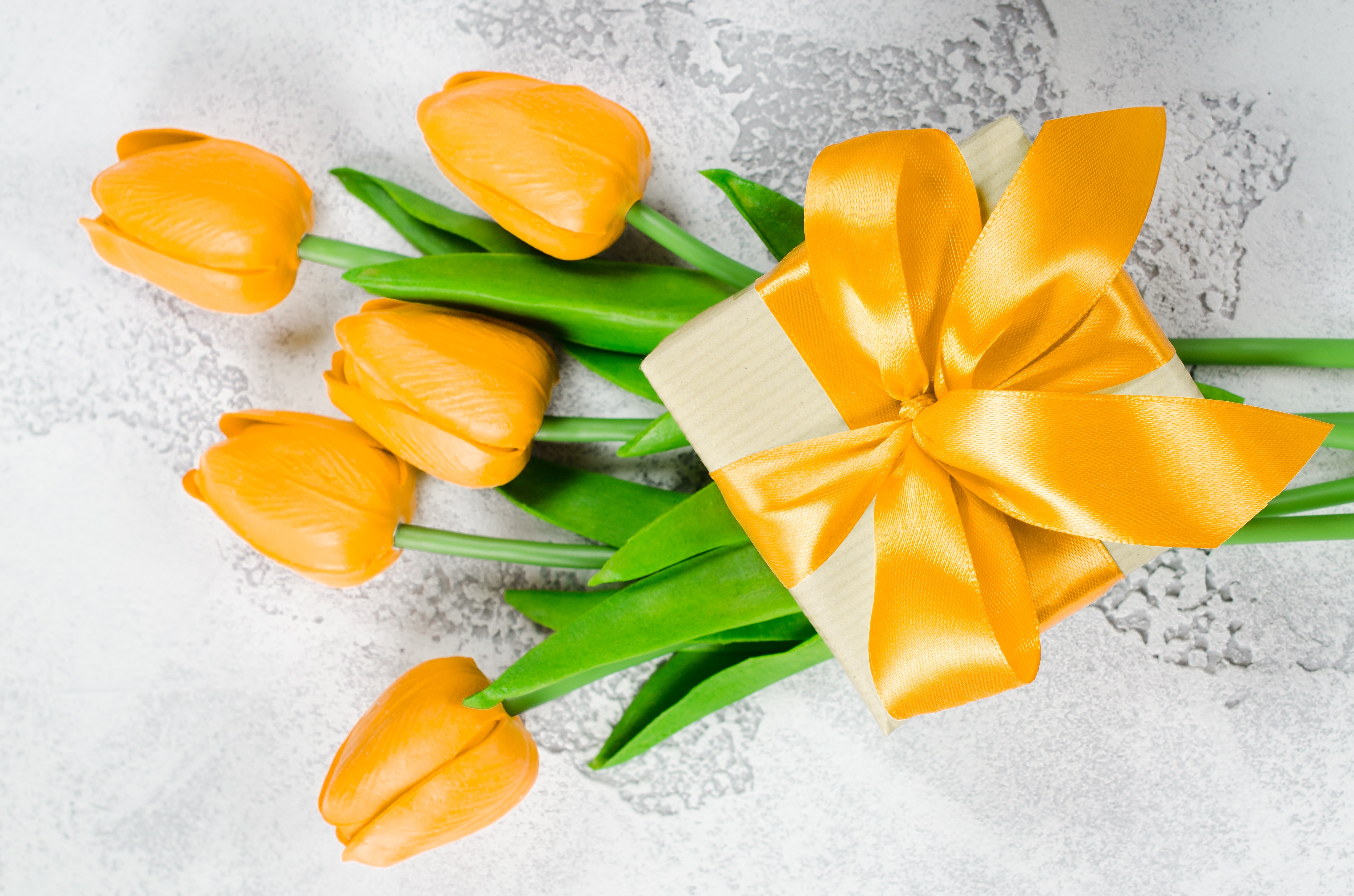 Orange Tulips and Gift Box with Yellow Bow HD Wallpaper