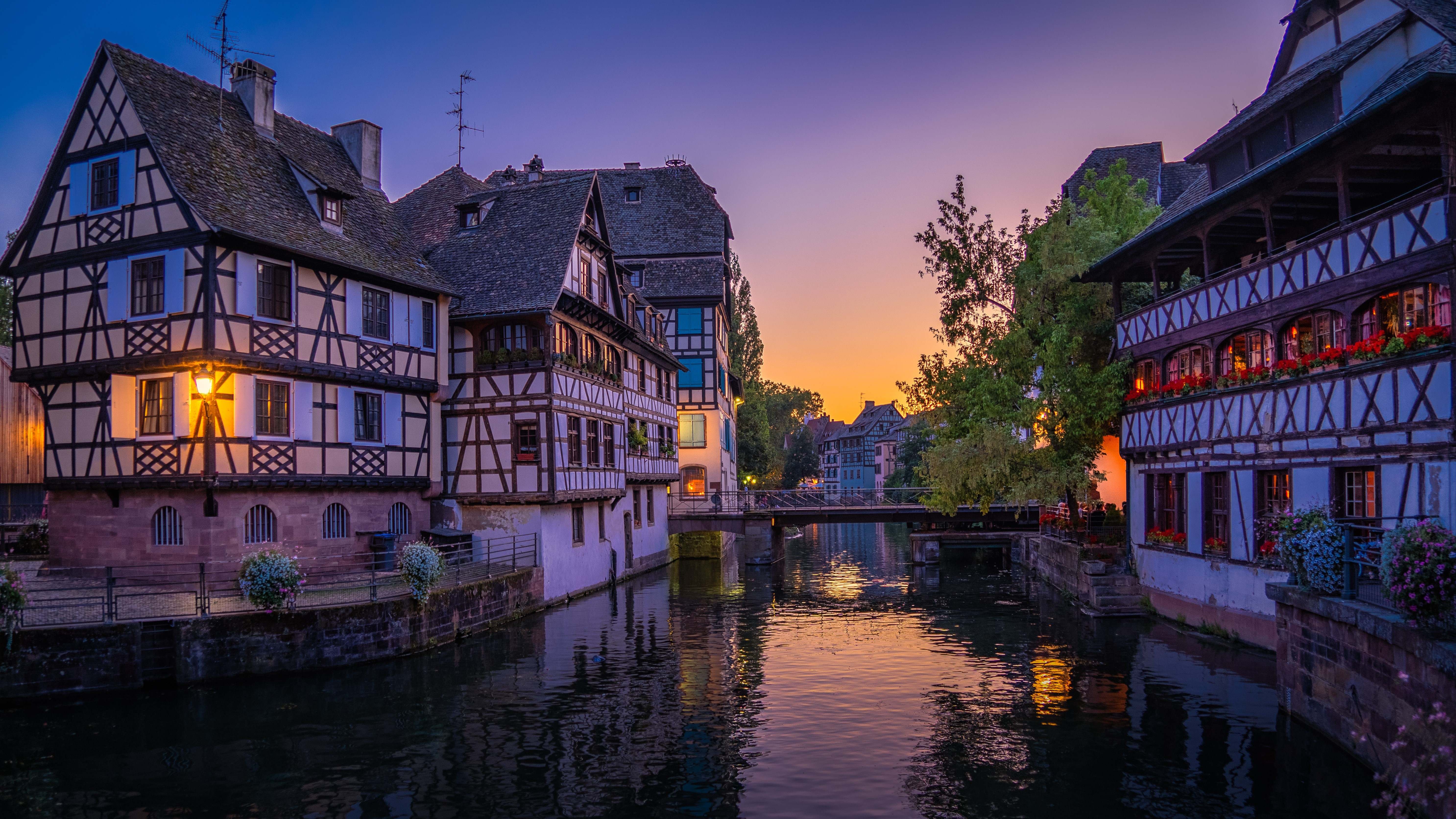 Strasbourg canal houses at dusk, France HD Wallpaper