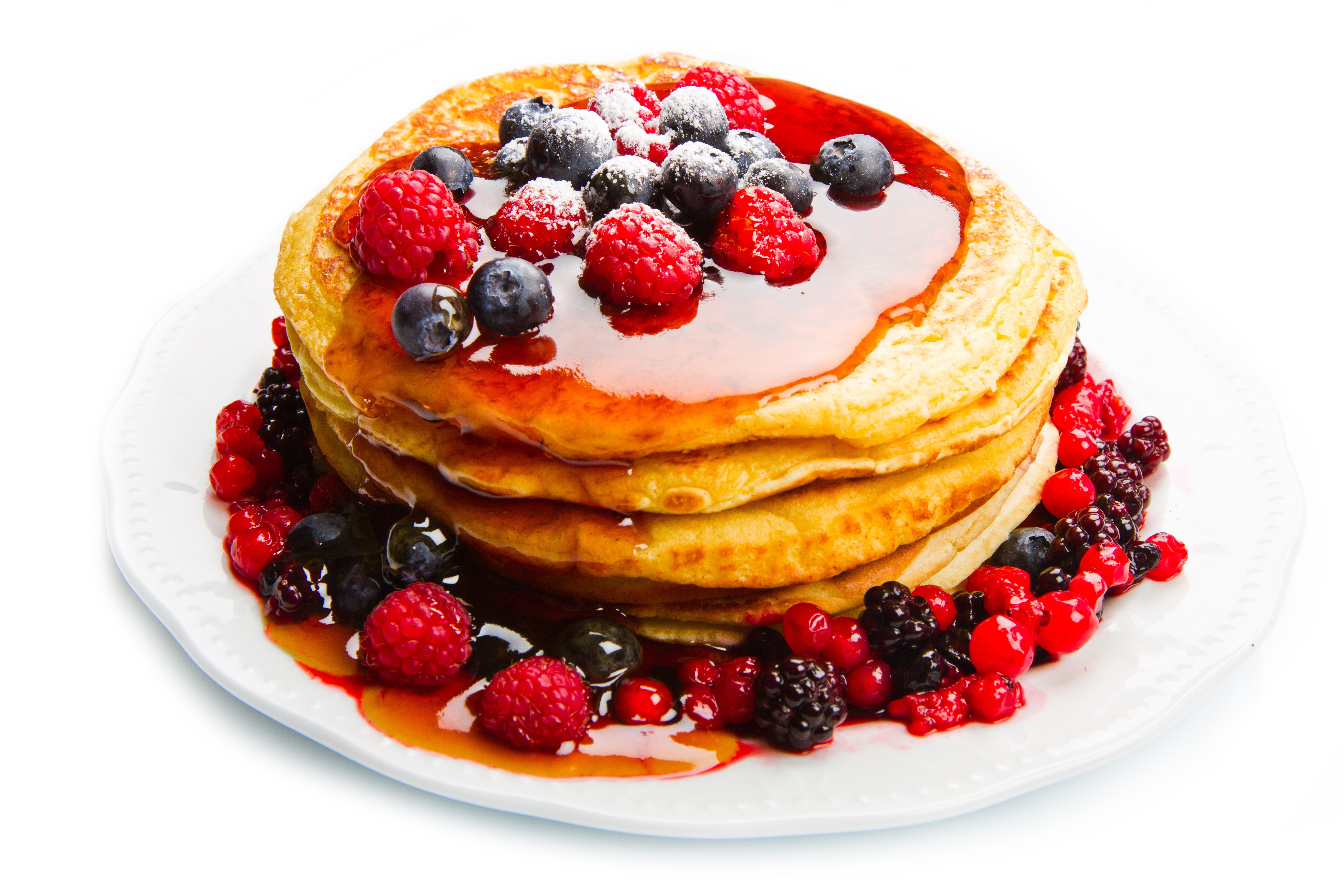 Stack of Pancakes with Berries and Syrup HD Wallpaper