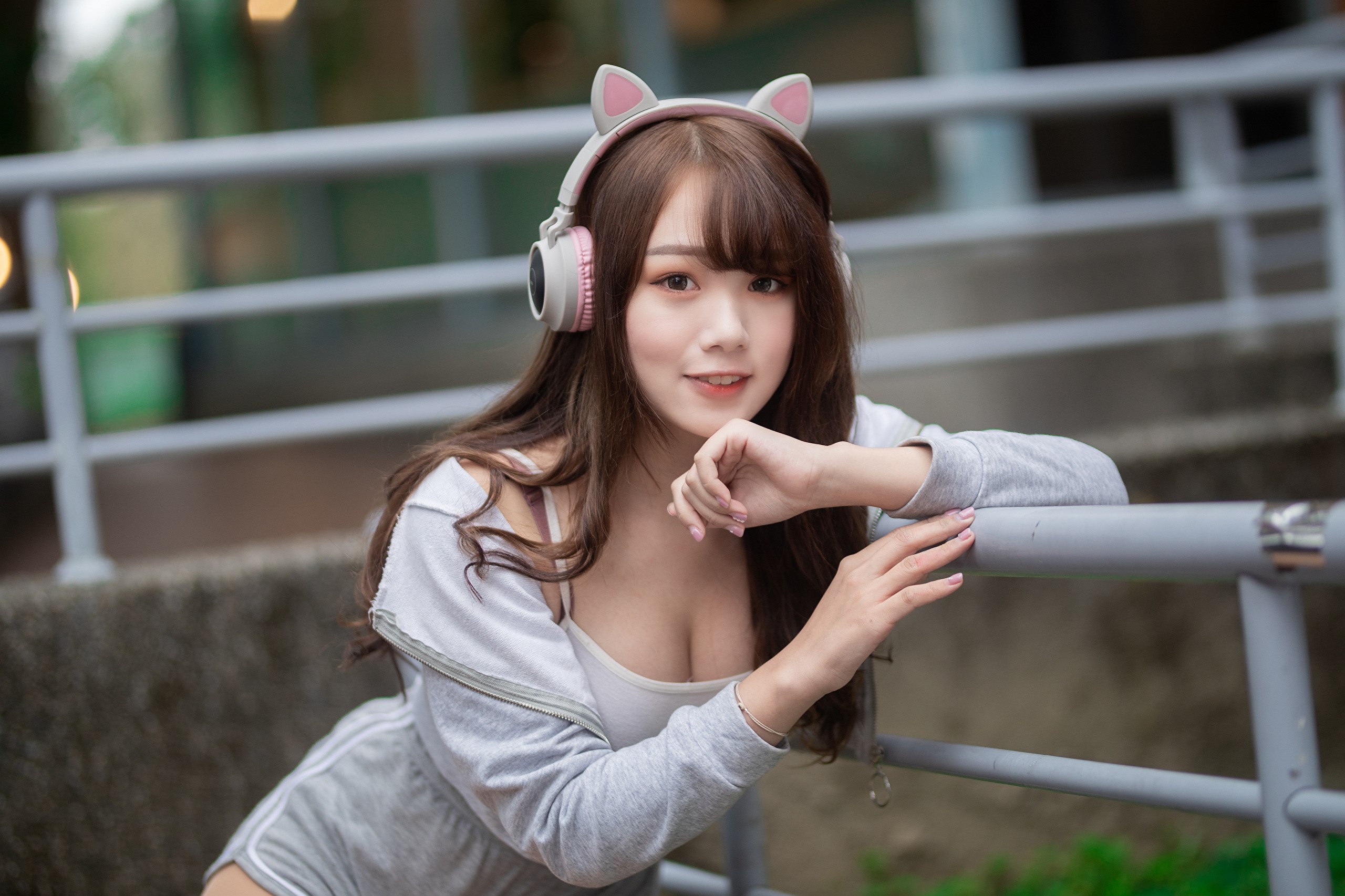 Asian woman with headphones and cat ears HD Wallpaper